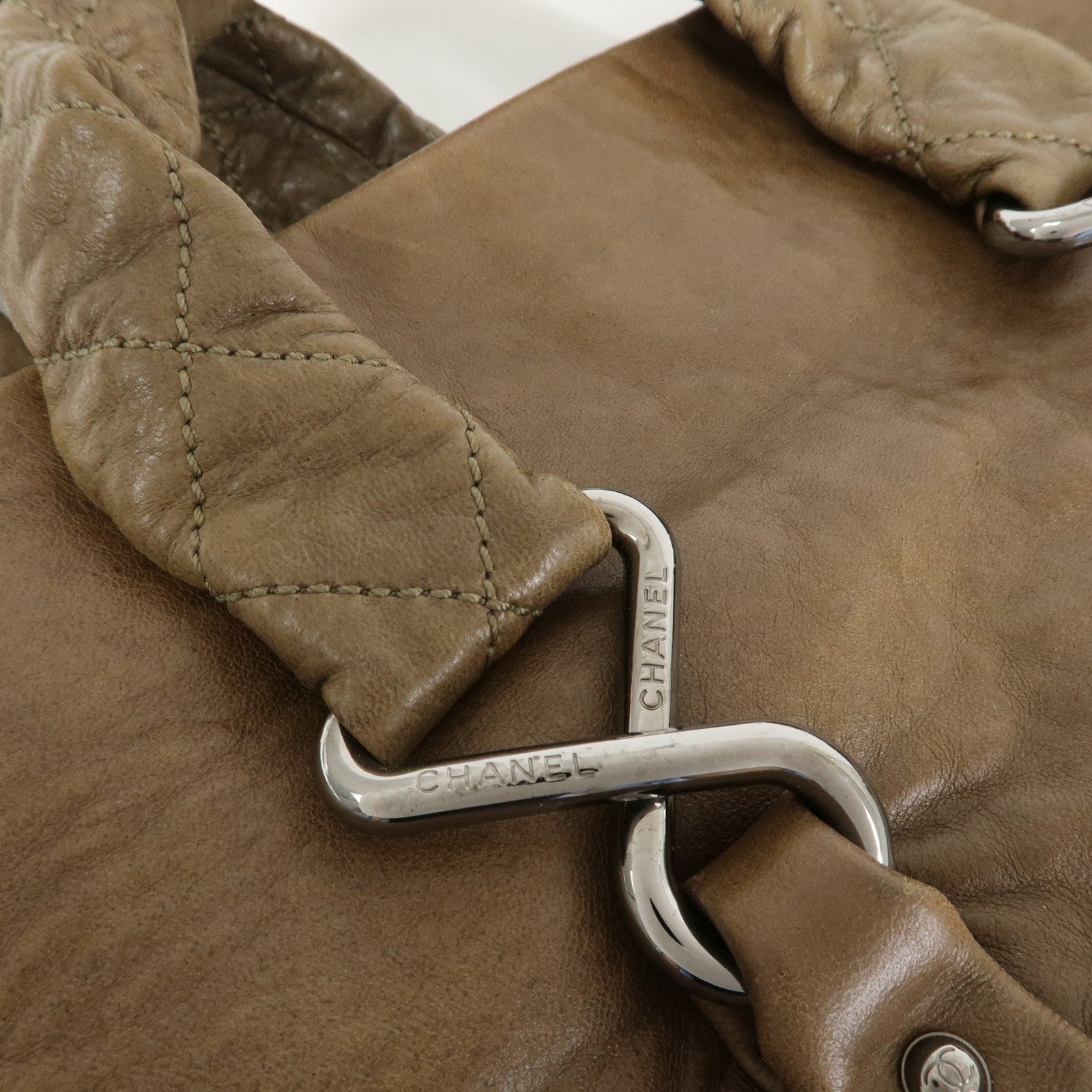 CHANEL Matelasse Lamb Skin Tote Bag Hand Bag Khaki