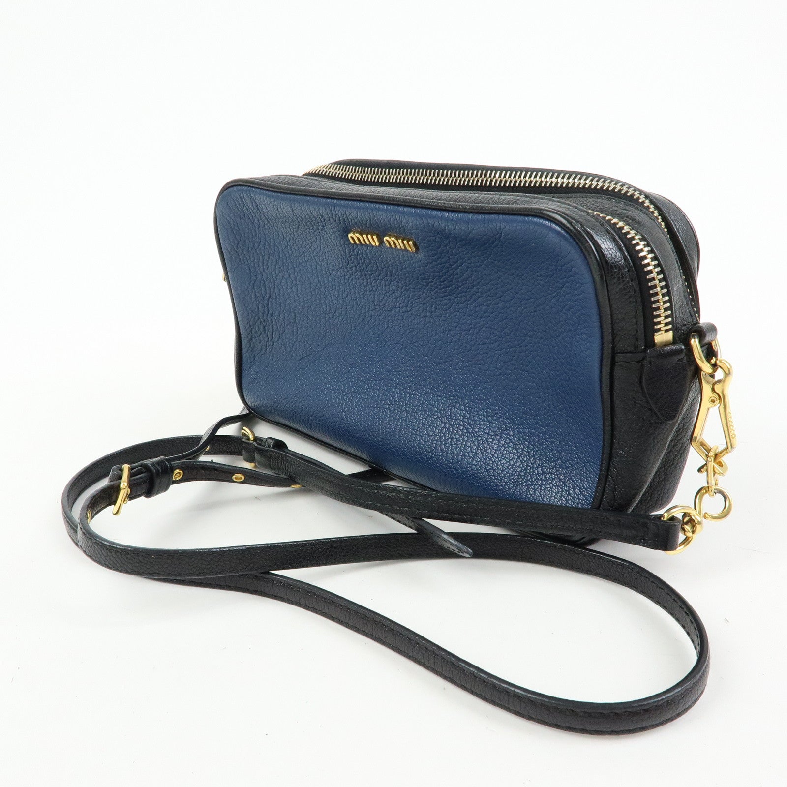 MIU MIU Logo Leather Shoulder Bag Crossbody Bag Blue Black