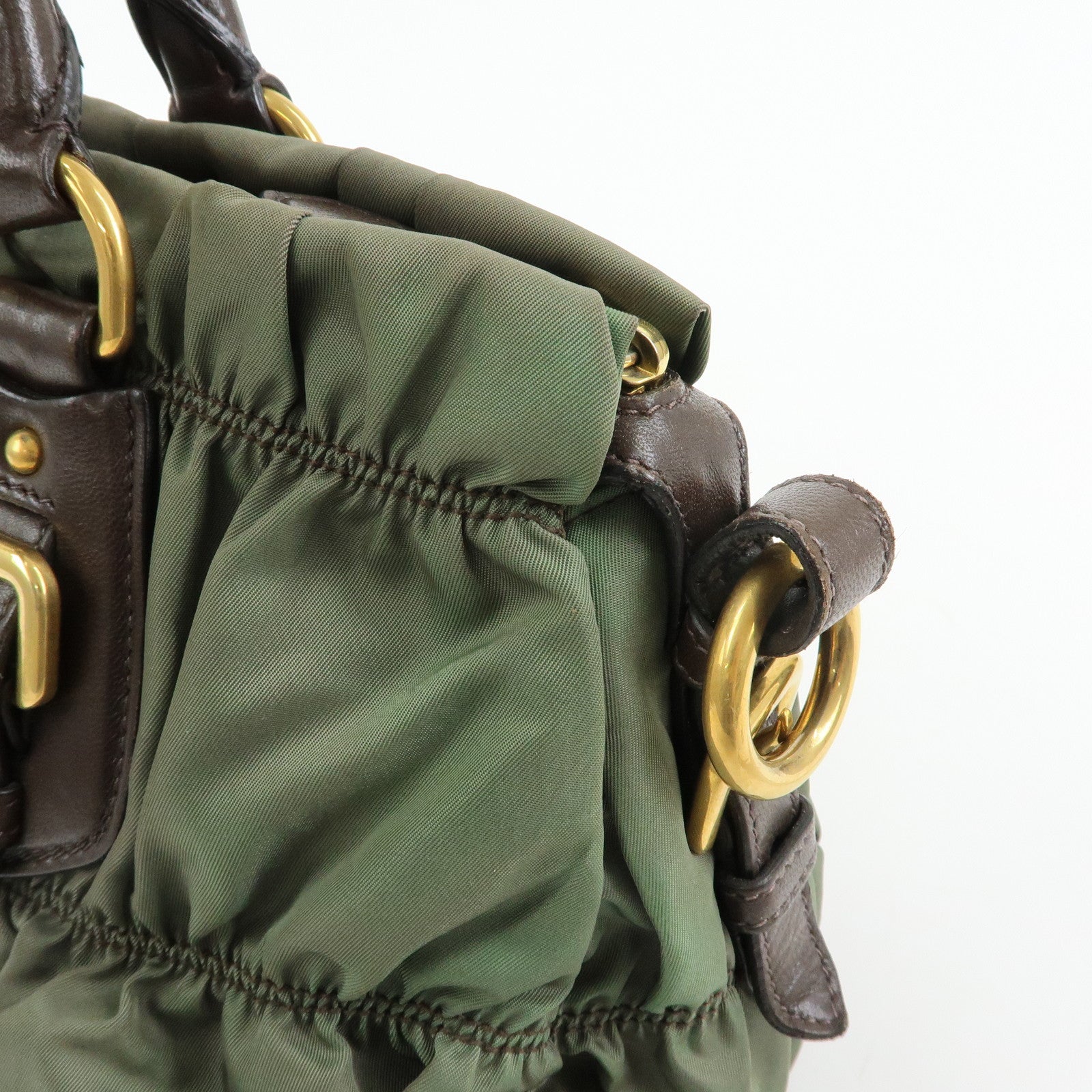 PRADA Nylon Leather Gathered 2Way Bag Hand Bag Khaki BN1407