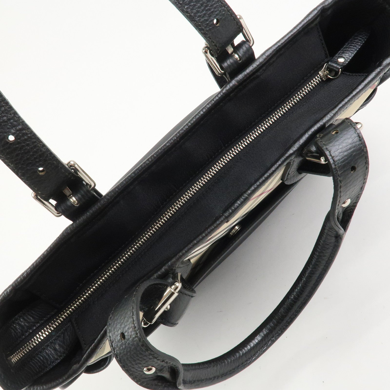 BURBERRY Nova Plaid Nylon Leather Tote Bag Hand bag Black