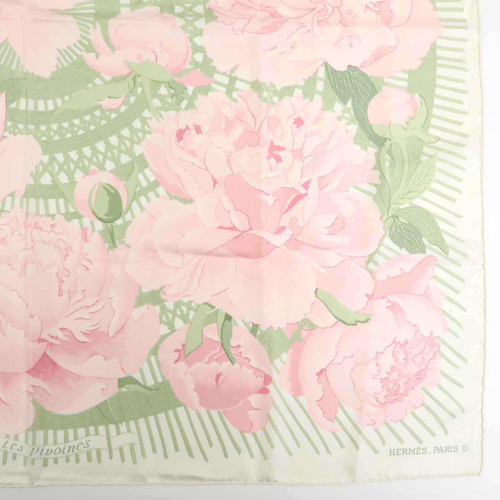HERMES Carre 90 Silk 100% Scarf Les Pivoines Pink Light Green