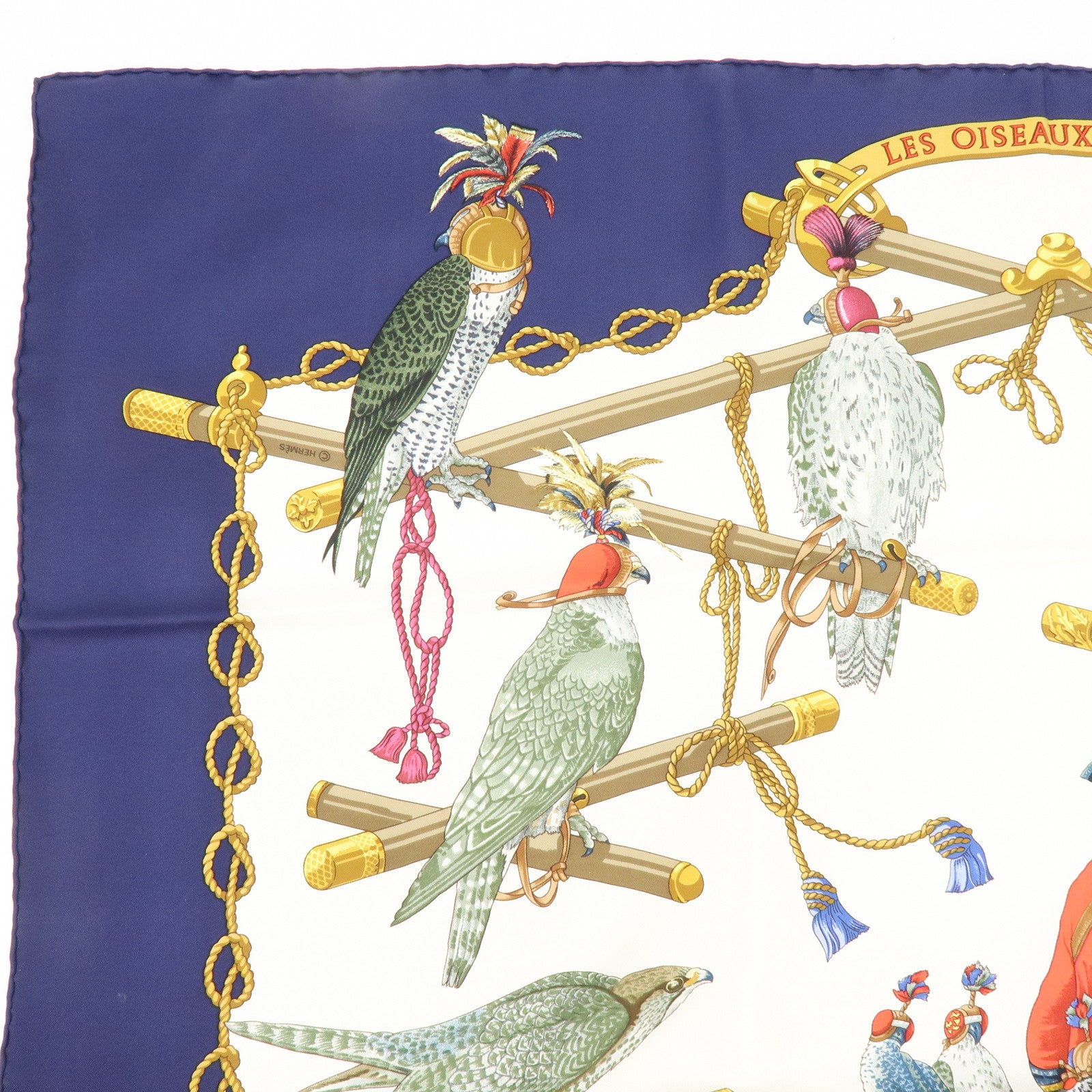 HERMES Carre 90 Silk 100% Scarf LES OISEAUX DU ROY Bird Print Navy