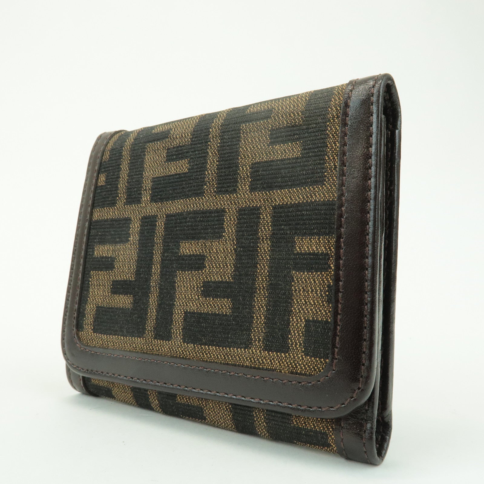 FENDI Zucca Leather Canvas Tri-fold Wallet Black Brown 30794 Used