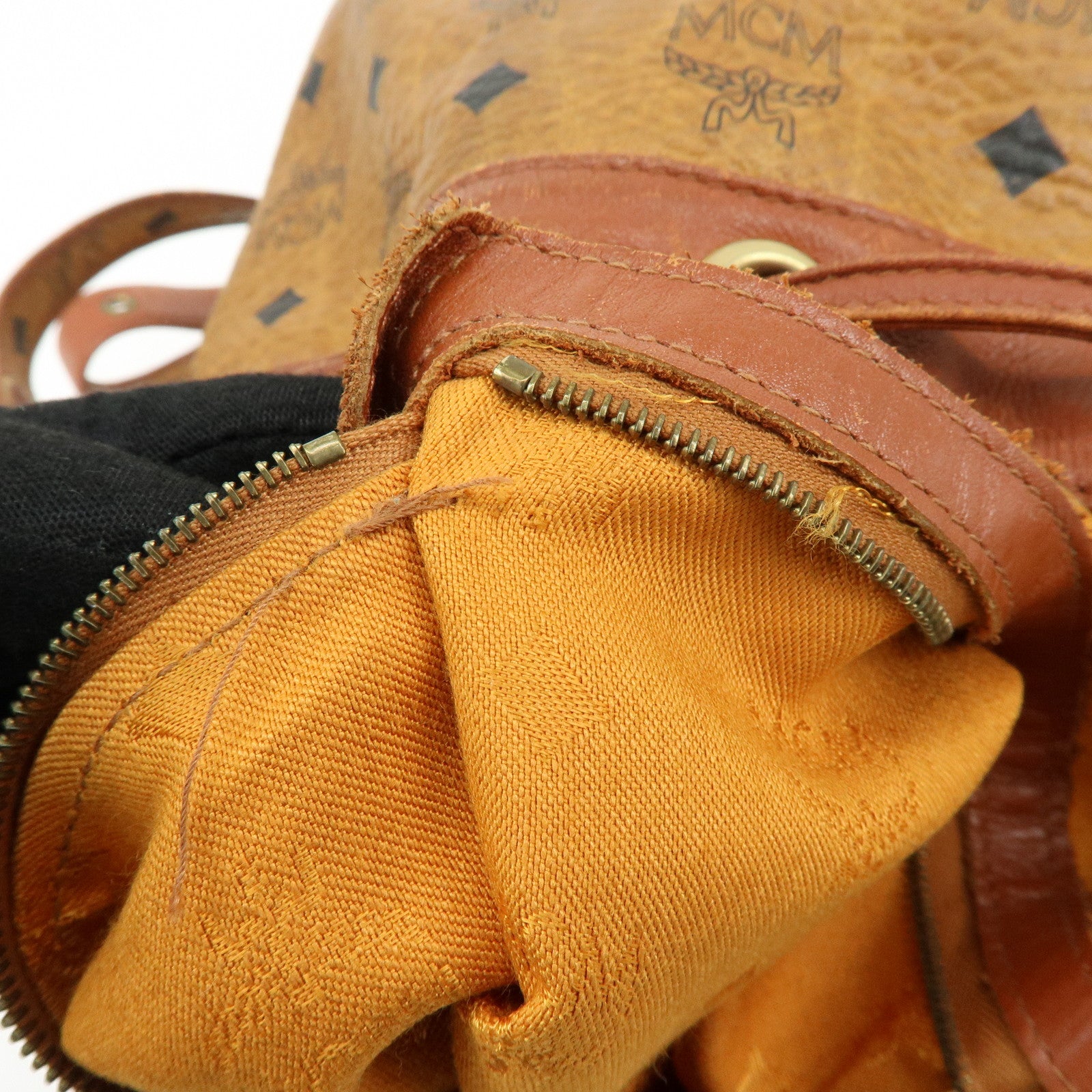 MCM Visetos Leather Drawstring Shoulder Bag Crossbody Bag Brown