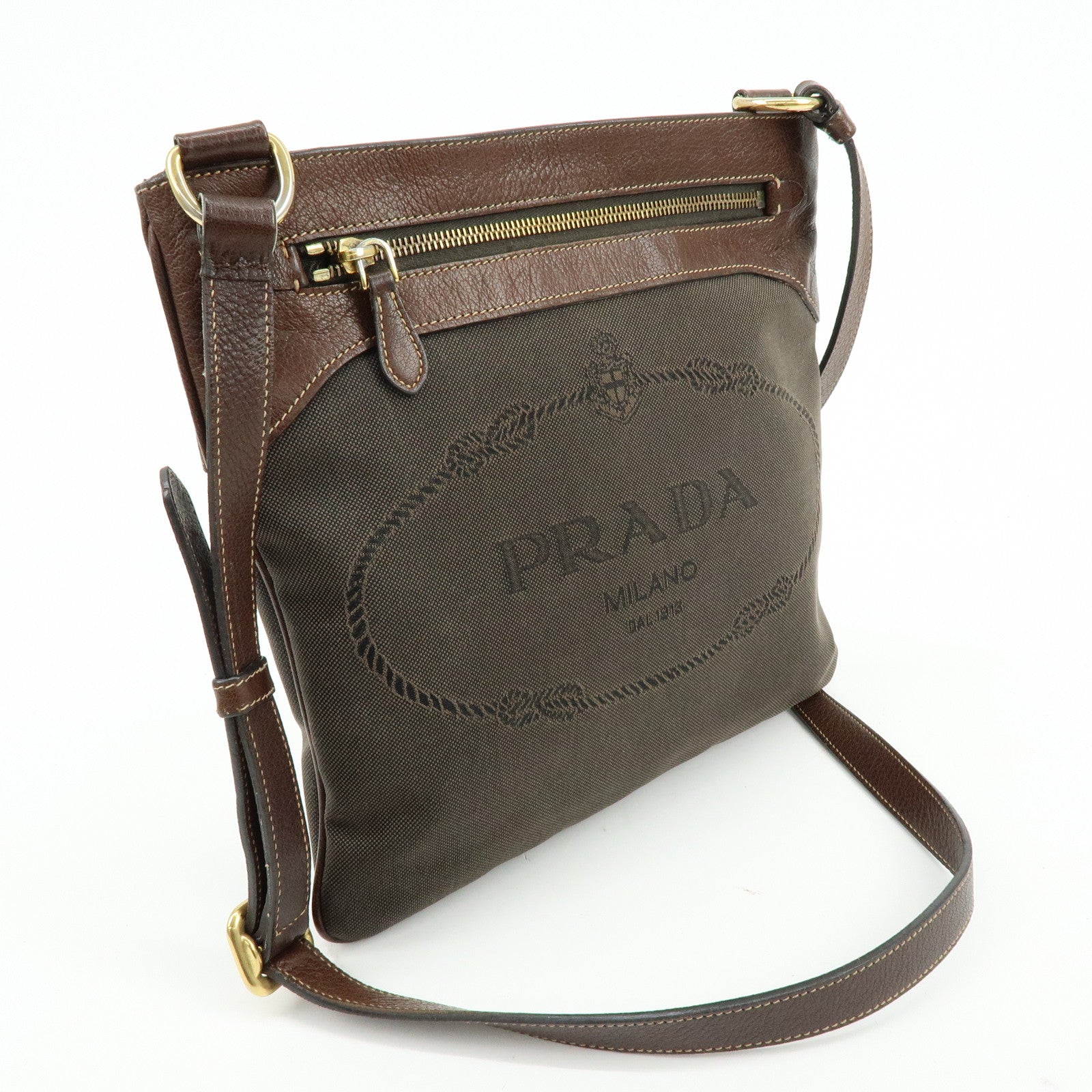 PRADA Logo Jacquard Leather Shoulder Bag Crossbody Bag Brown