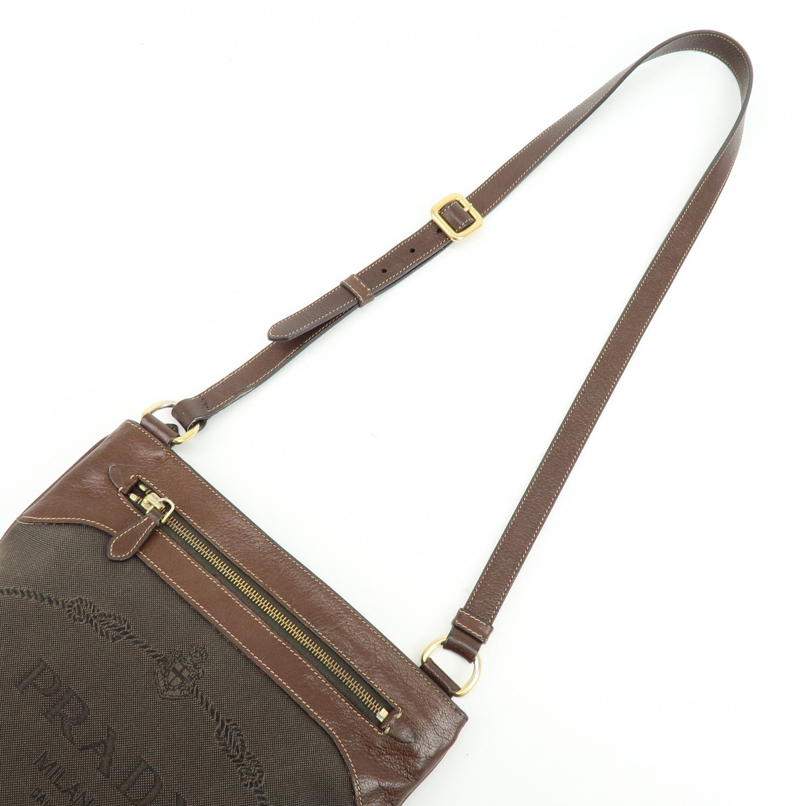 PRADA Logo Jacquard Leather Shoulder Bag Crossbody Bag Brown