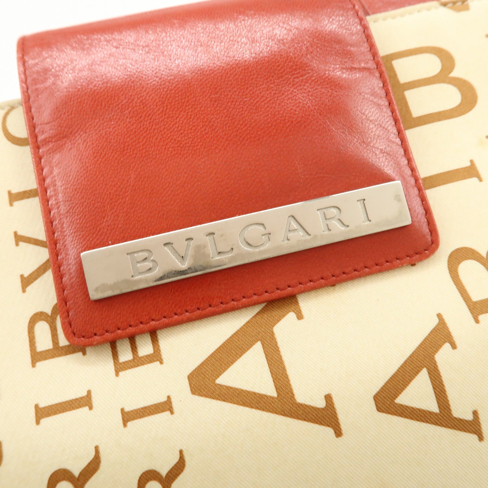BVLGARI Logo Mania Leather Canvas Shoulder Bag Beige Red