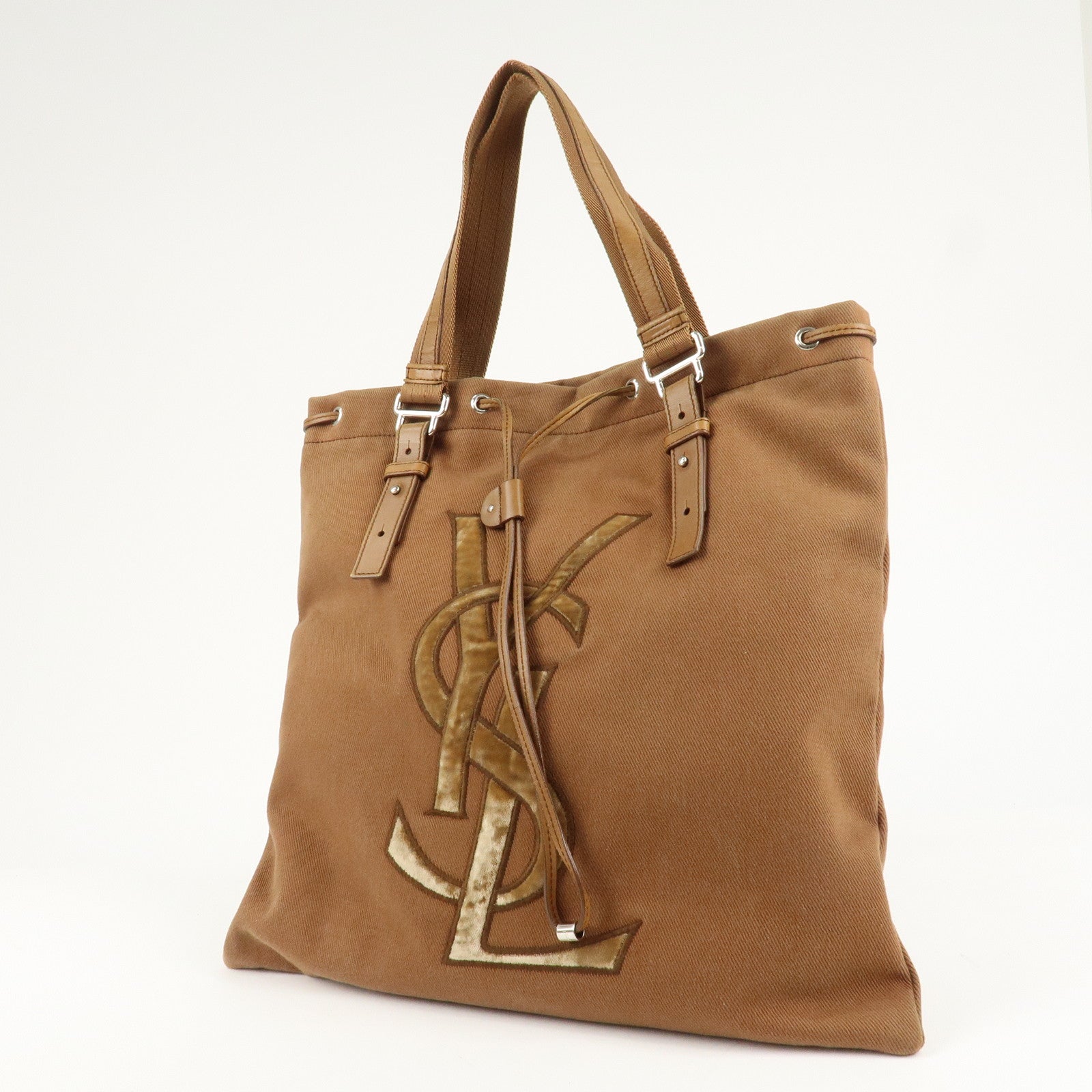 Saint Laurent Velour Canvas Leather Kahara Tote bag Shoulder Bag Brown Used