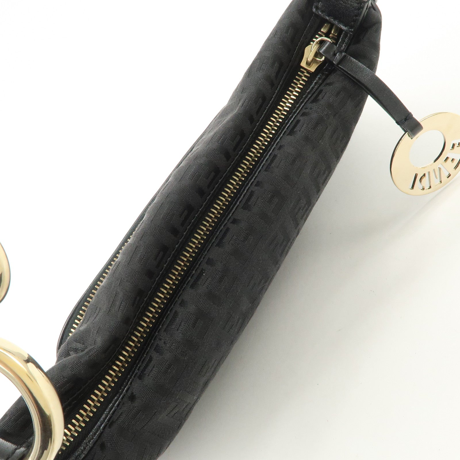 FENDI Zucchino Canvas Leather Logo Charm Shoulder Bag Black 8BR464