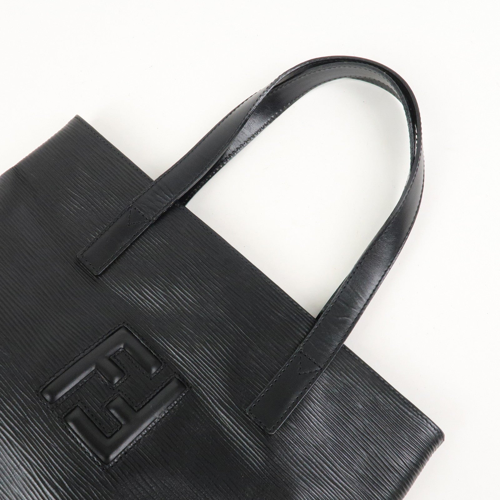 FENDI Logo Leather Tote Bag Hand Bag Shoulder Bag Black