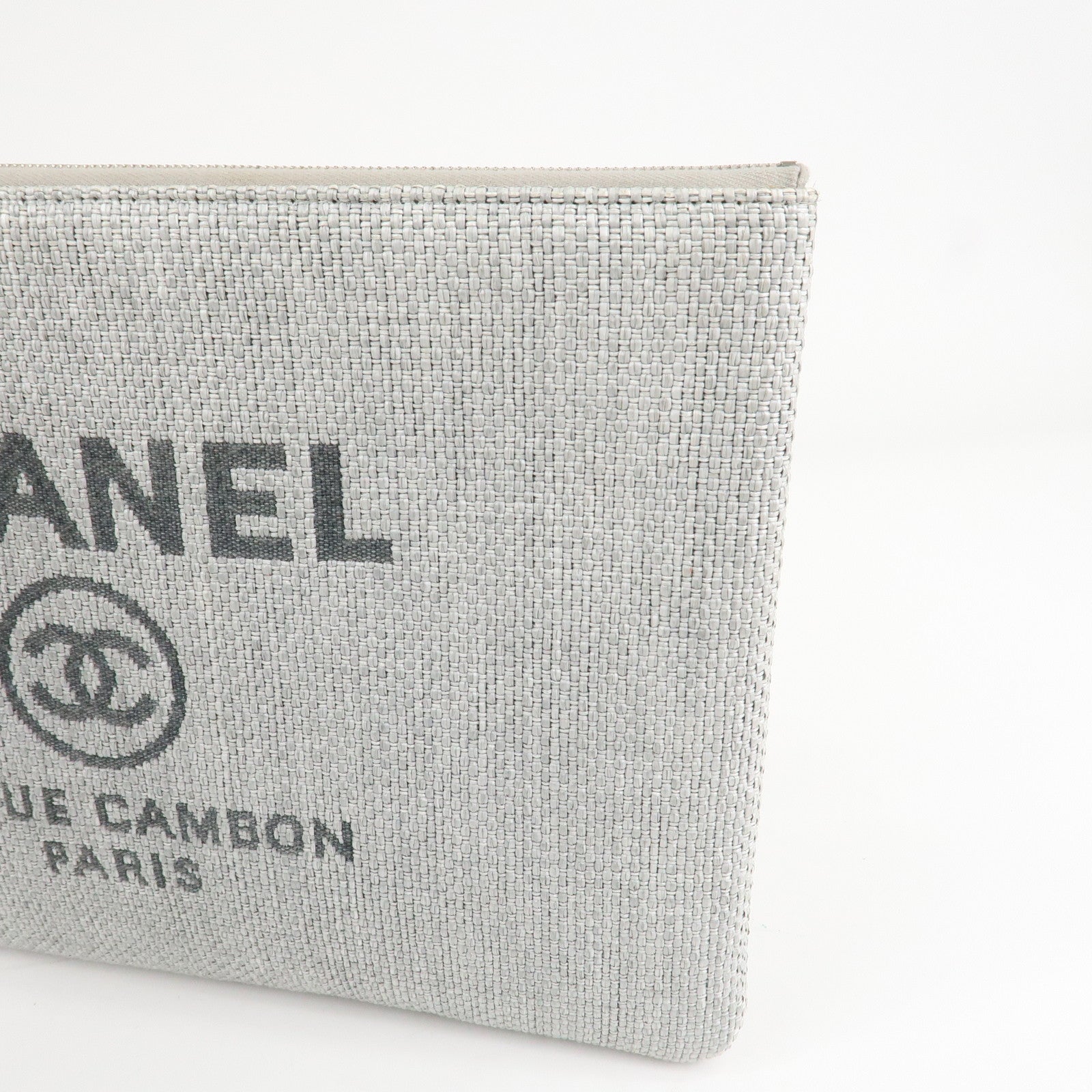 CHANEL Deauville Nylon Canvas Pouch Clutch Bag Light Gray A80118