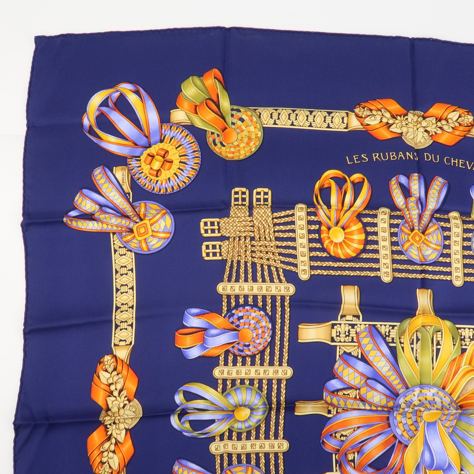 HERMES Carre 90 Silk 100% LES RUBANS DU CHEVAL Navy Used