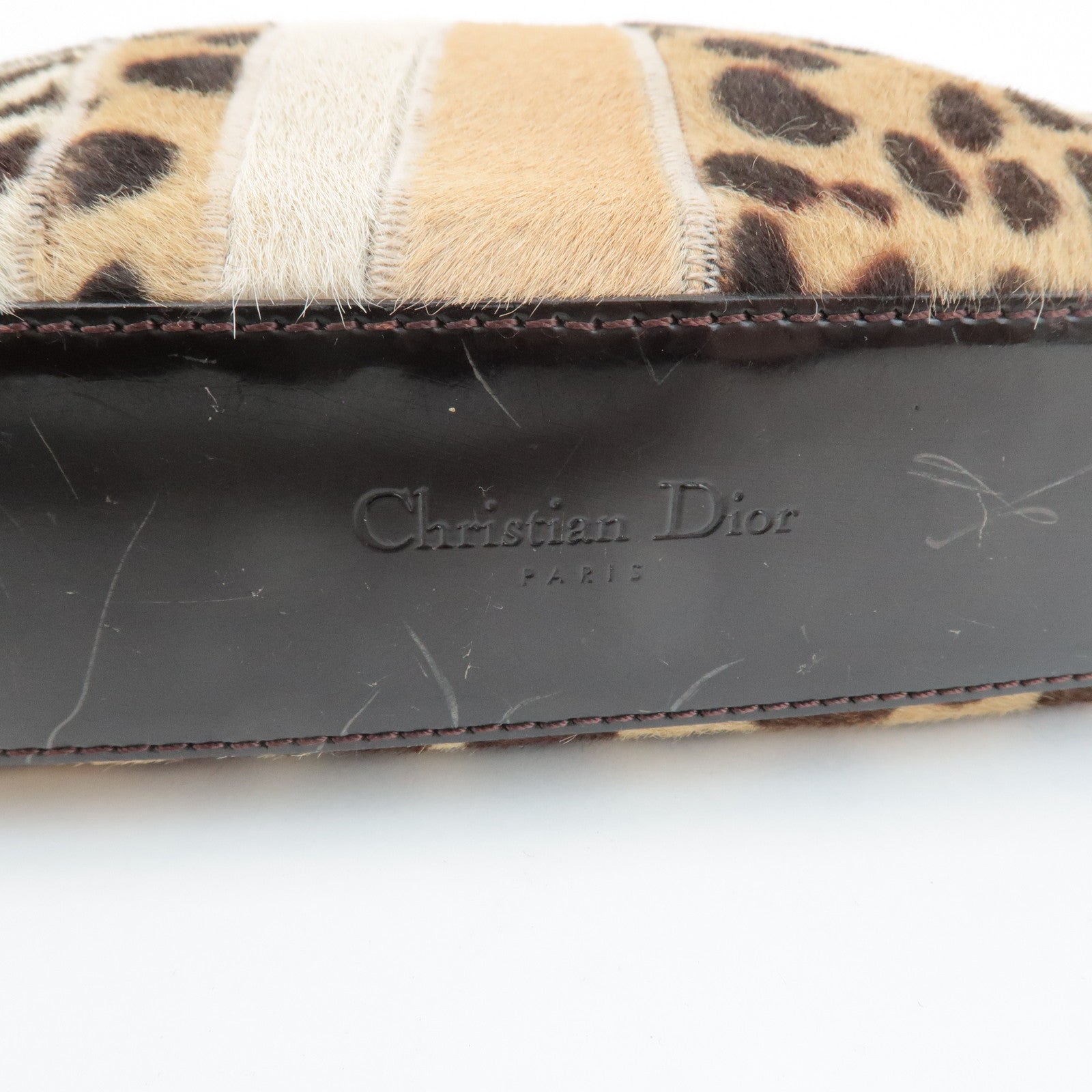 Christian Dior Leather Unborn Calf Tote Bag Leopard Beige Brown Used