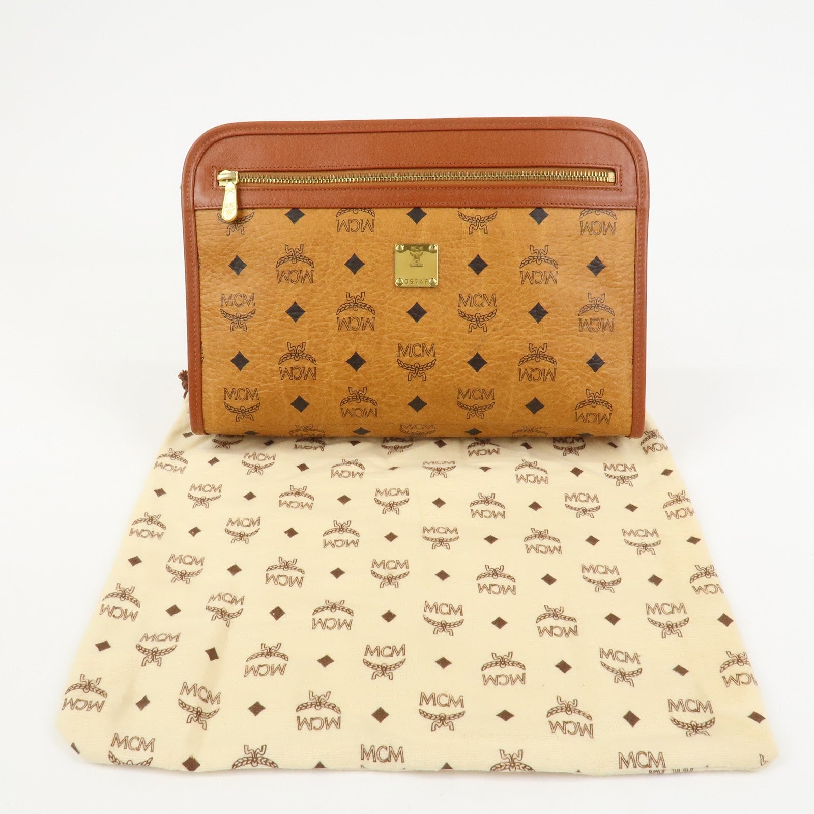 MCM Visetos Leather Clutch Bag Pouch Light Brown