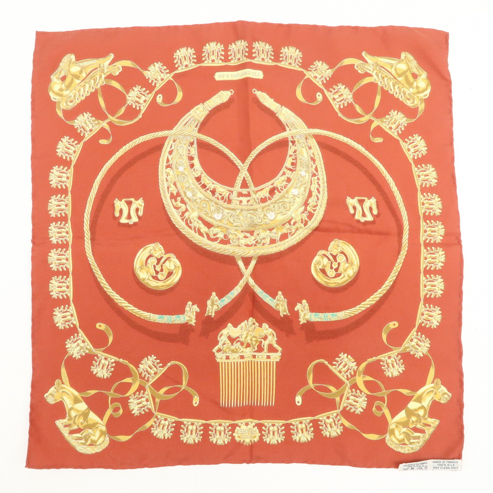 HERMES Carre 45 Silk 100% Scarf LES CAVALIERS D'OR Knight Motif Red