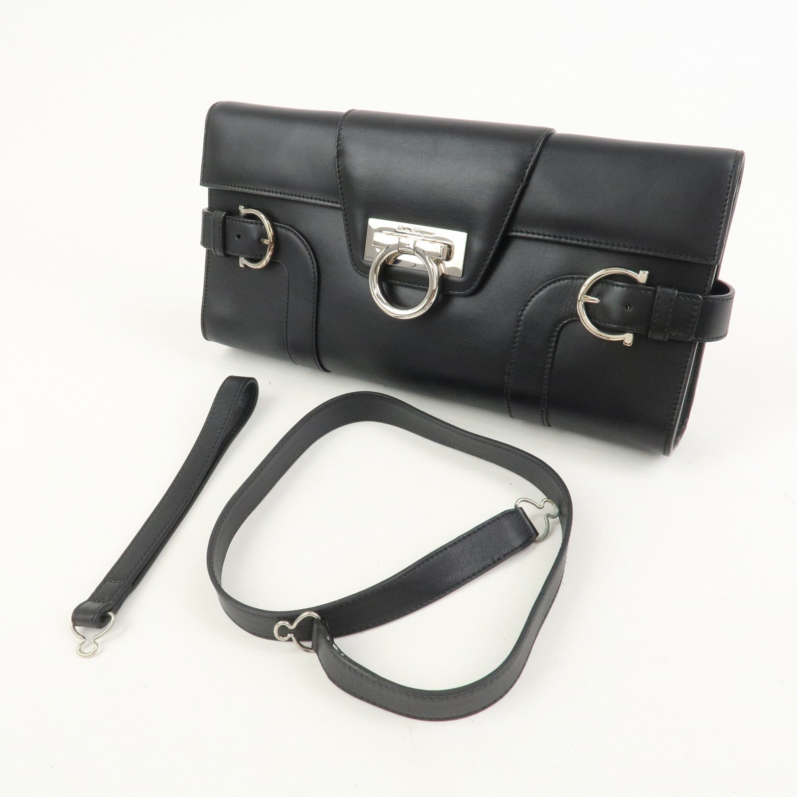 Ferragamo Gancini Leather 2Way Bag Hand Bag Shoulder Bag Black