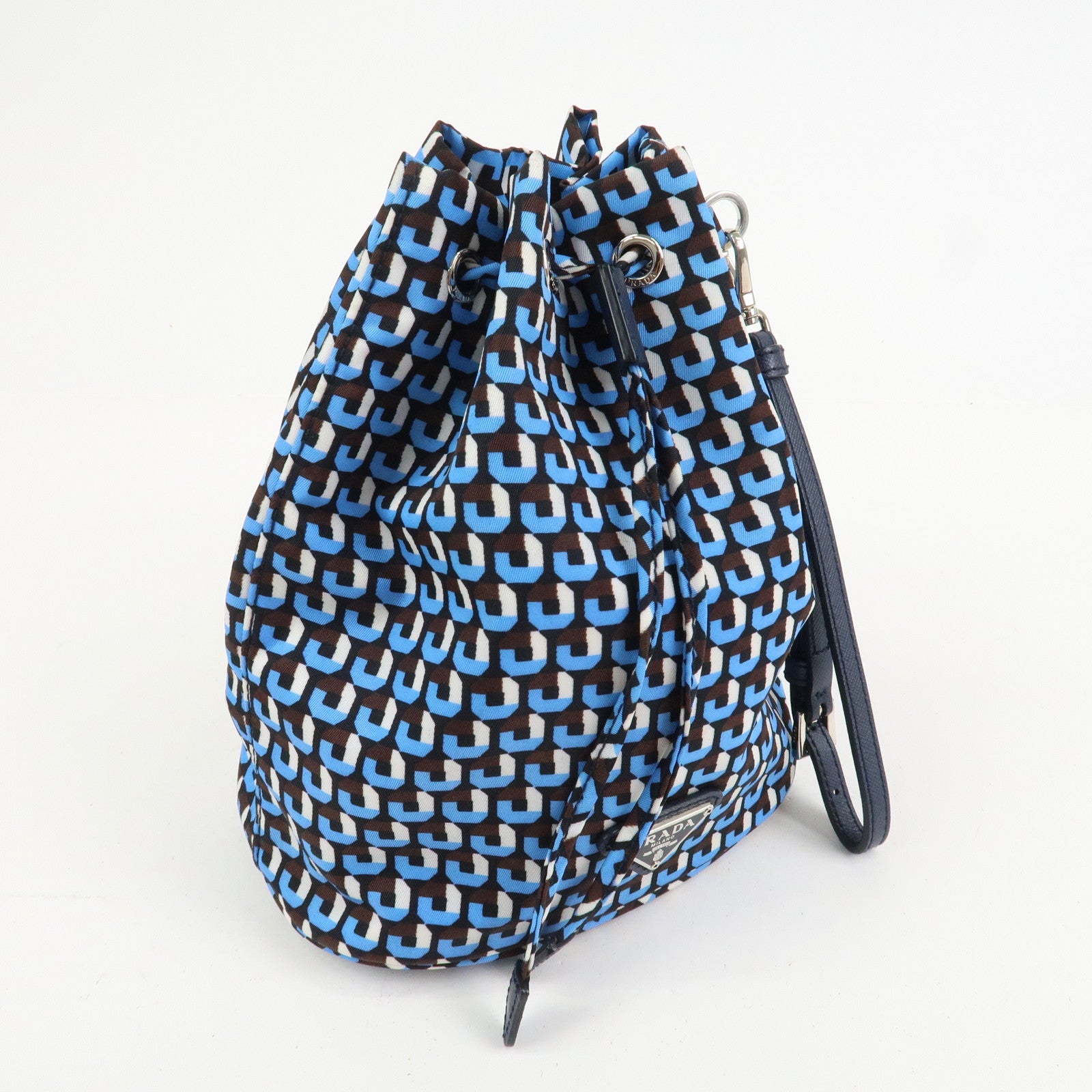 PRADA Triangle Logo Nylon Leather Drawstring Bag Wristlet 1NE369