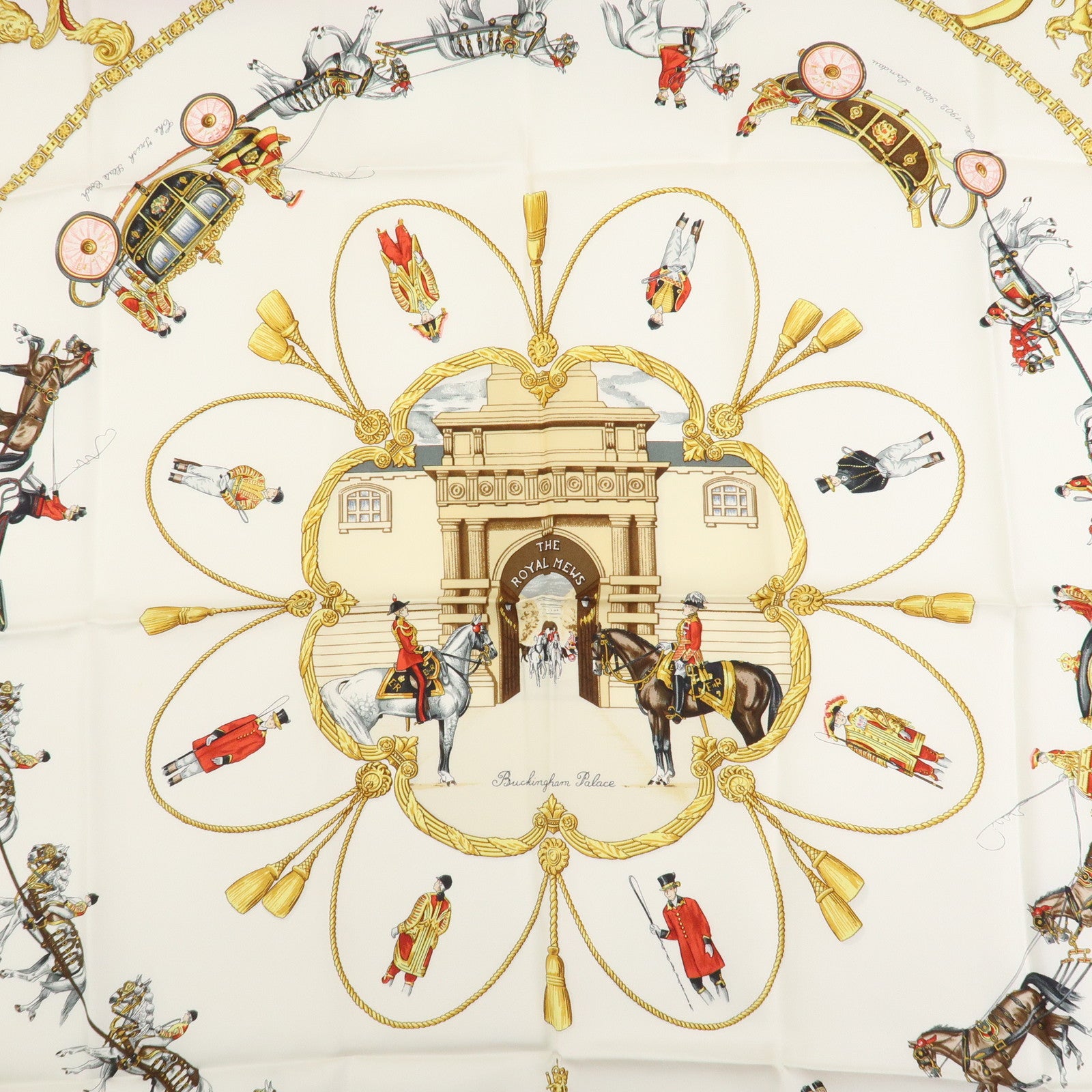 HERMES Carre 90 Silk 100% THE ROYAL MEWS Scarf Red White