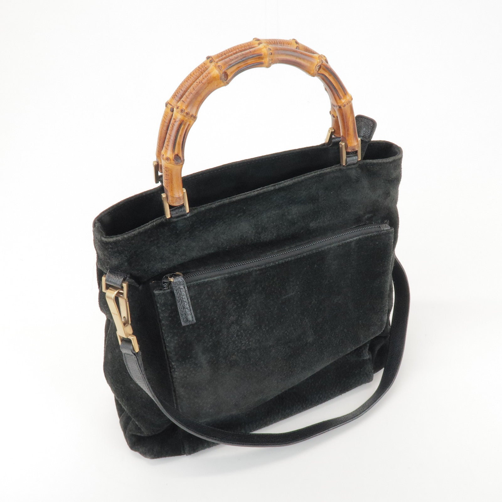 GUCCI Bamboo Suede 2Way Bag Hand Bag Shoulder Bag Black 0022122