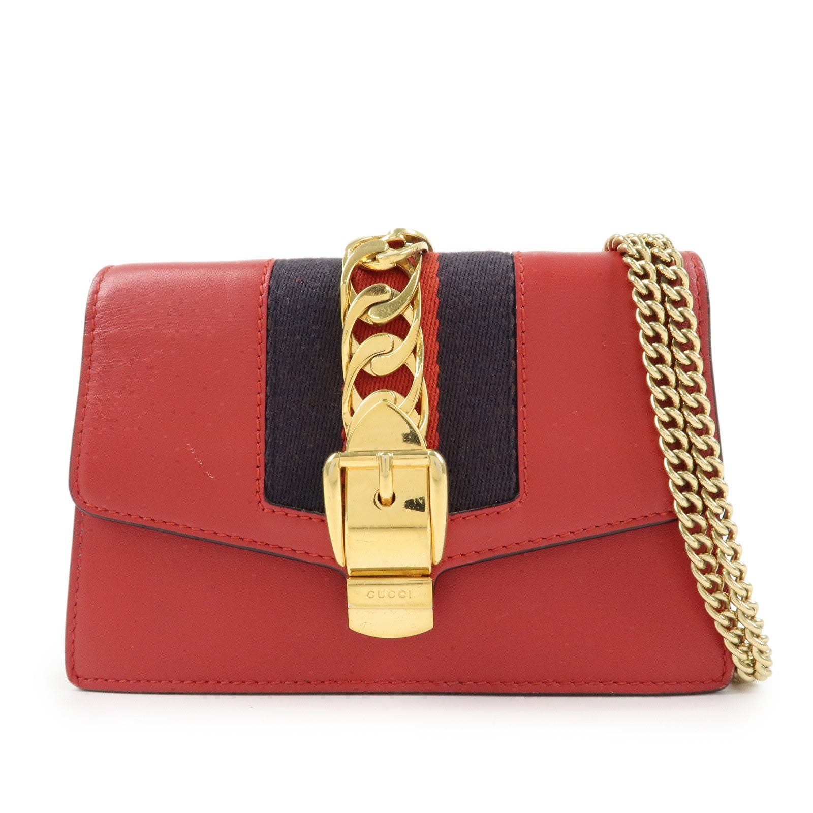 GUCCI Sylvie Sherry Leather Chain Mini Shoulder Bag Red Navy 494646
