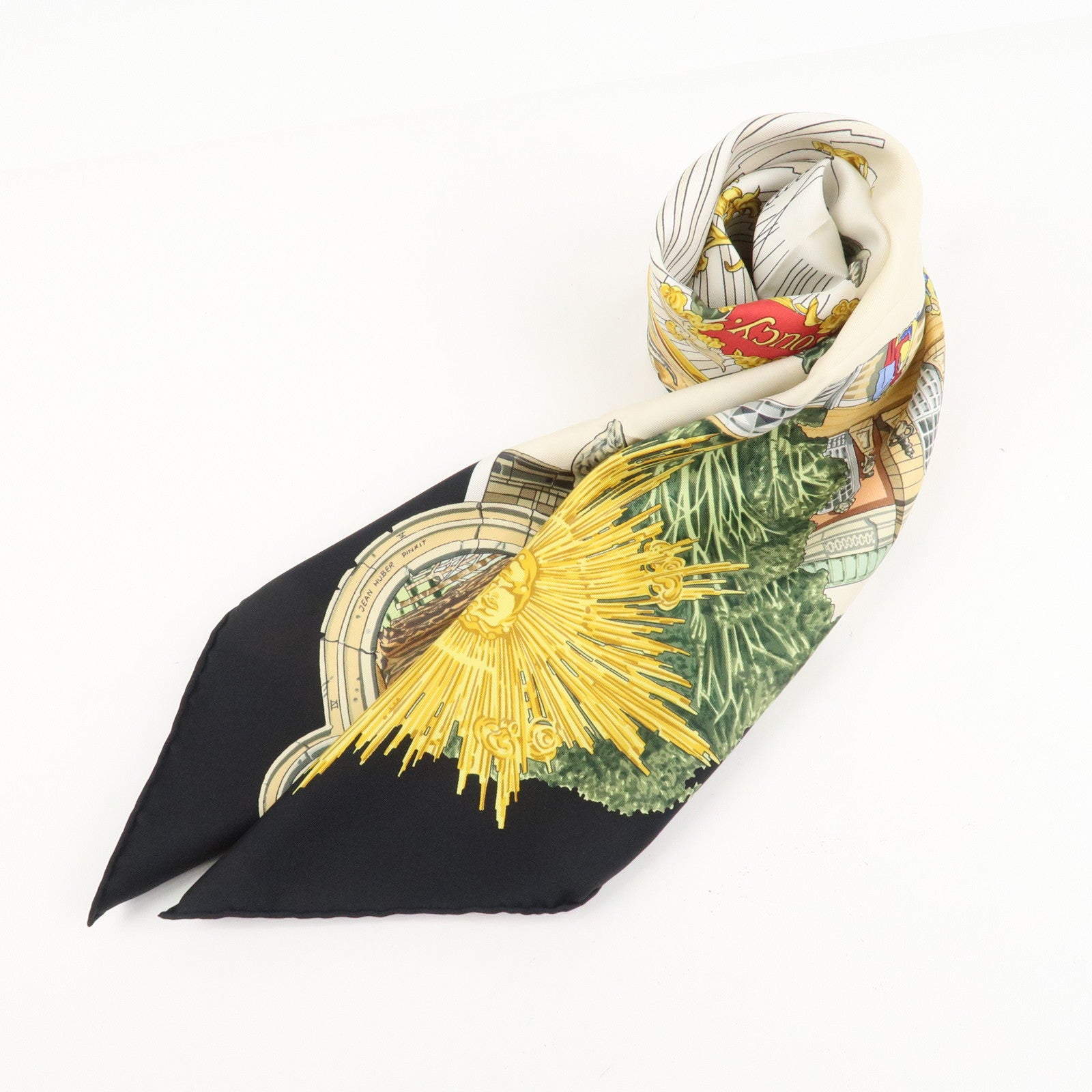 HERMES Carre 90 Silk 100% Scarf SANSSOUCY Gold Back Ivory Used