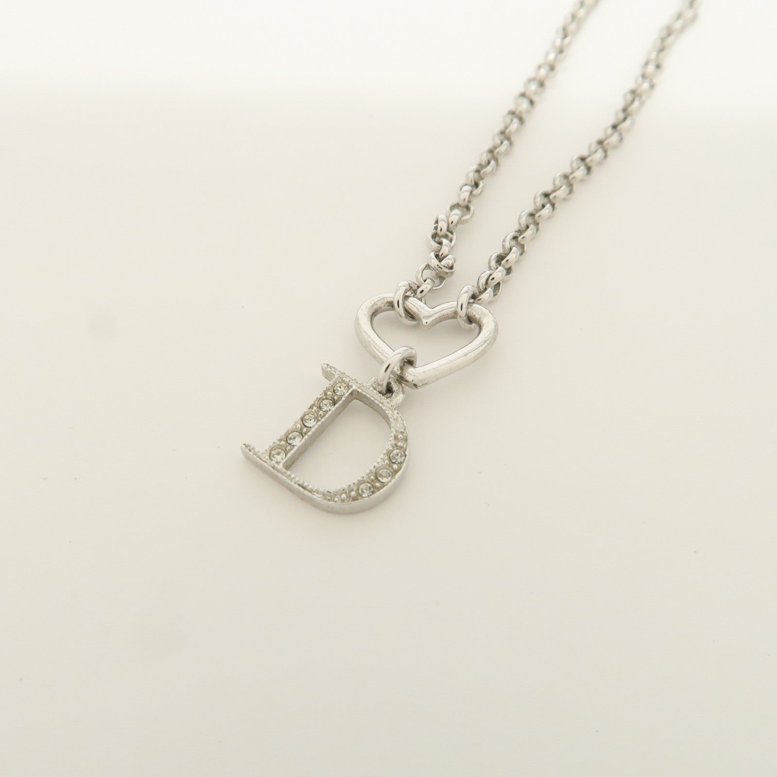 Christian Dior D Logo Heart Pendant Metal Necklace Silver