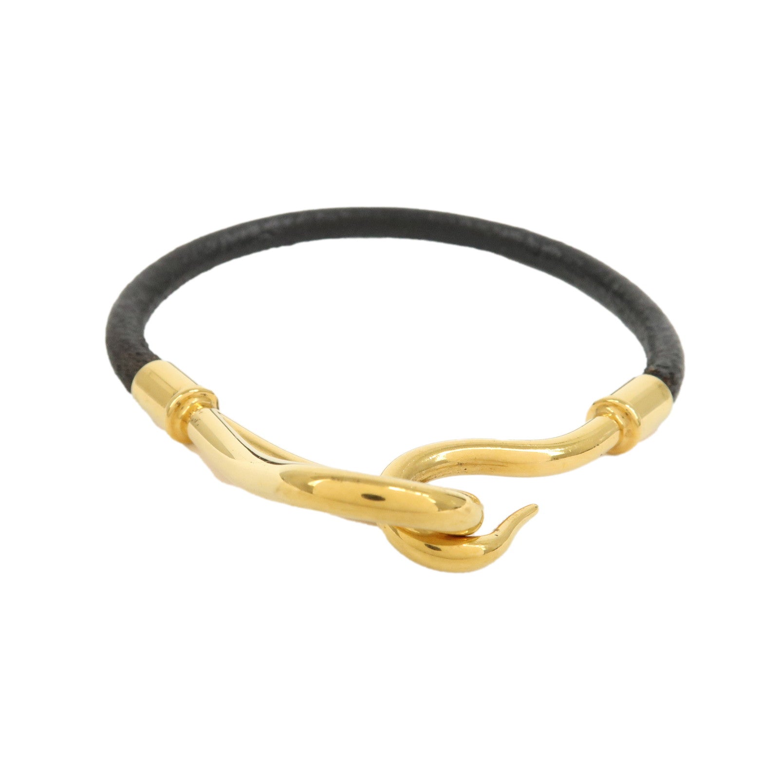 HERMES Leather Jumbo Bracelet Gold Hook Black