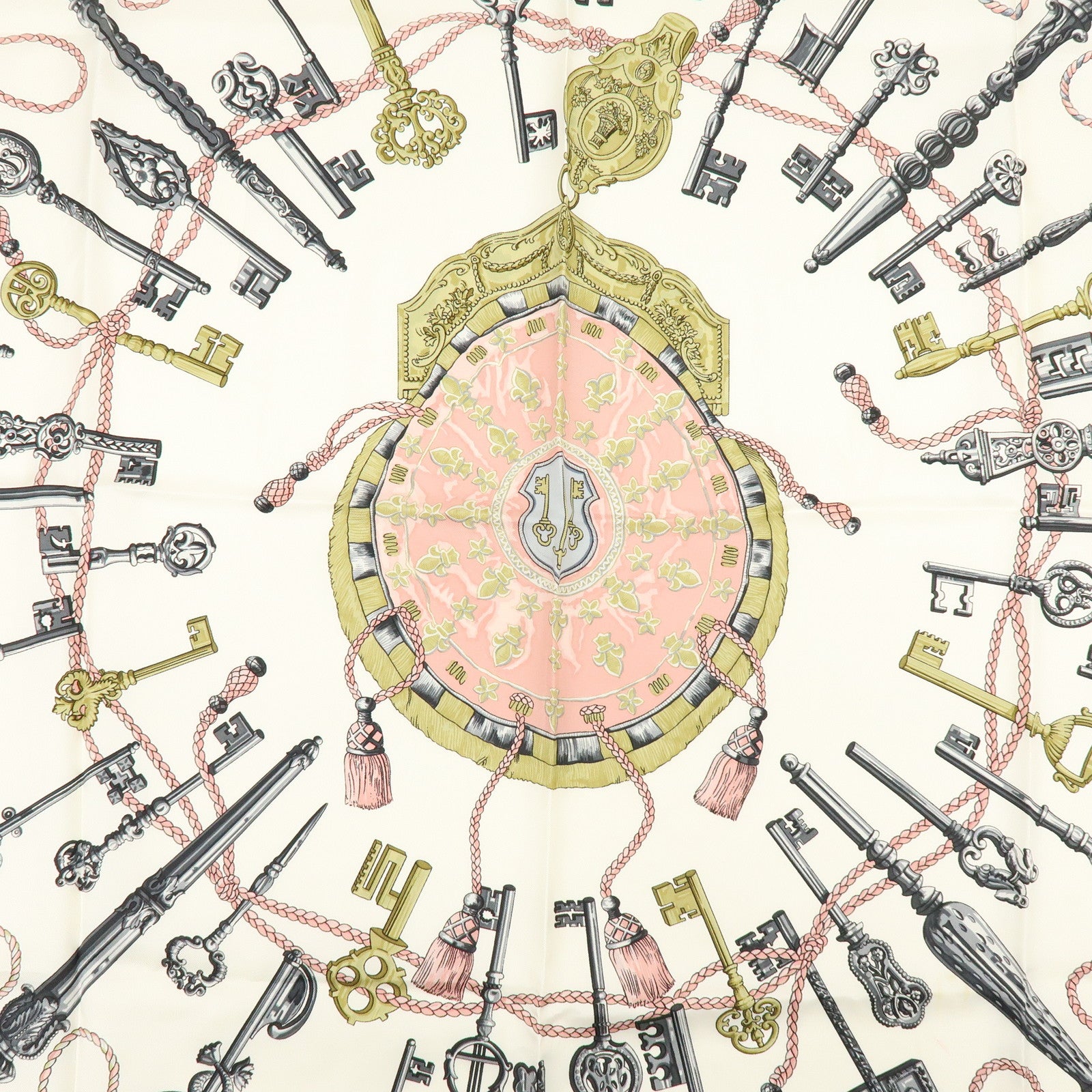 HERMES Carre 90 Silk 100% Scarf LES CLES THE KEYS RARE Ivory Pink
