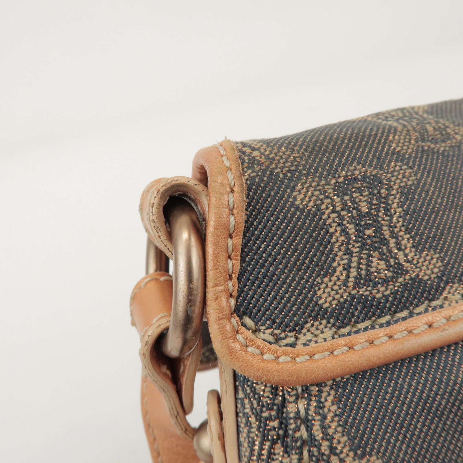 CELINE Macadam Denim Leather Shoulder Bag Metallic Pink Beige