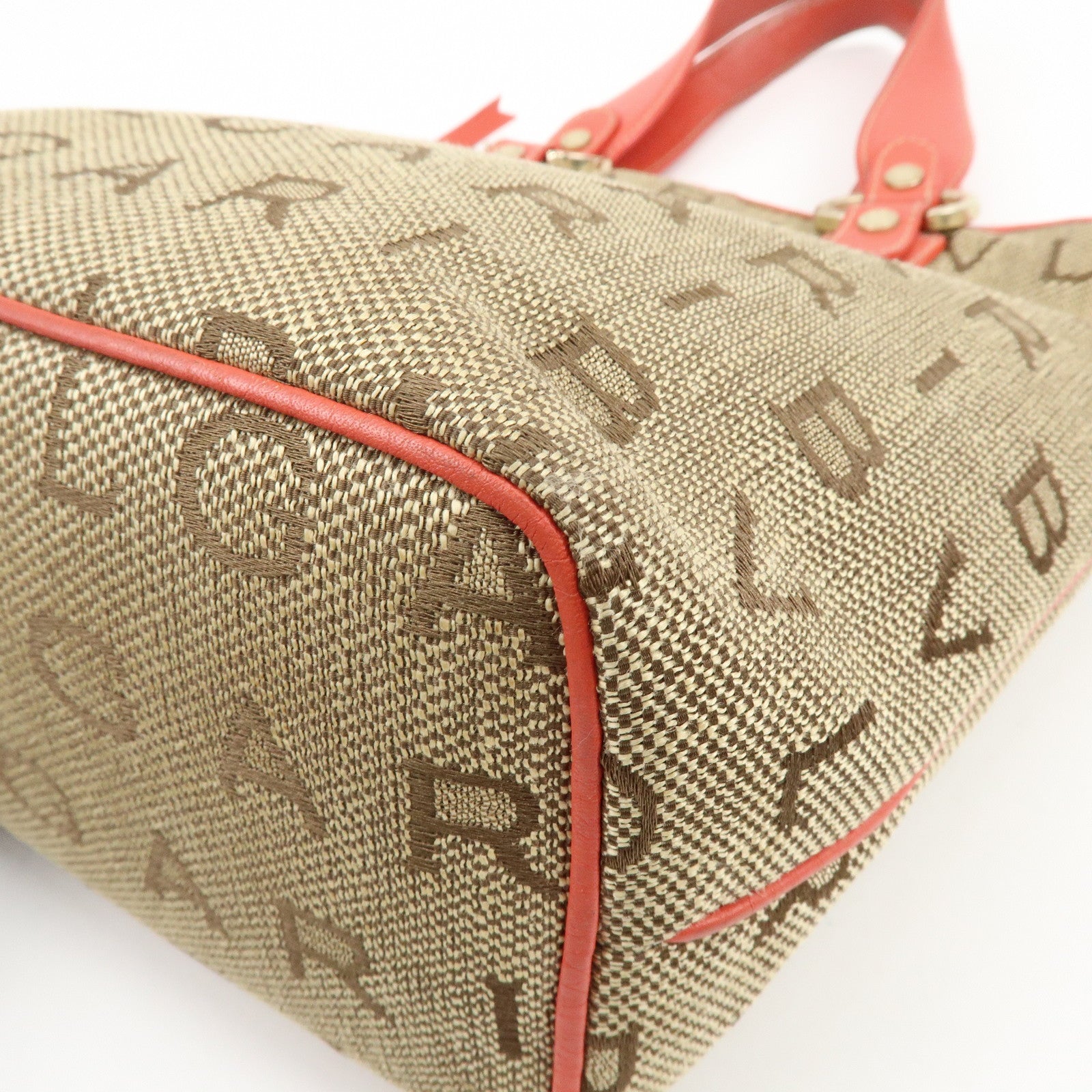 BVLGARI Logo Mania Jacquard Leather Tote Bag Hand Bag Beige Red