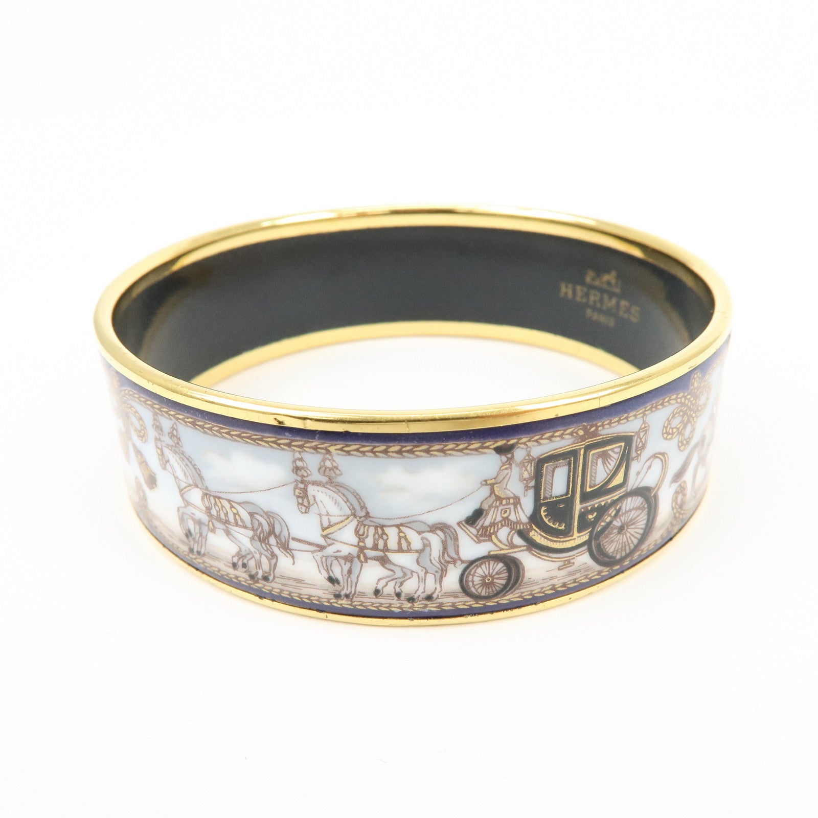 HERMES Email GM Metal Bangle Bracelet Carriage Light Blue Gold