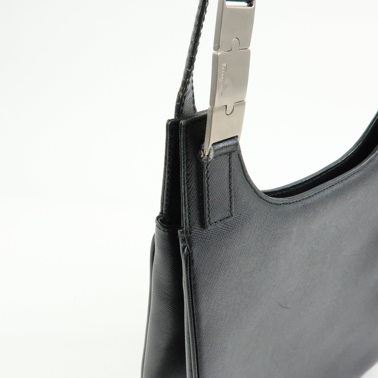 Ferragamo Logo Silver Buckle Leather Shoulder Bag Hand Bag Black