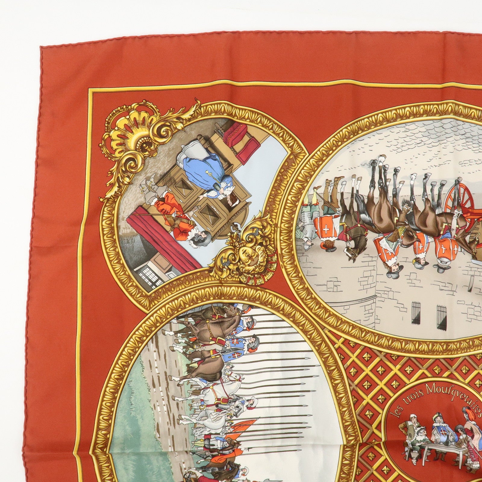 HERMES Carre 90 Silk 100% Scarf Les Trois Mousquetaires Red
