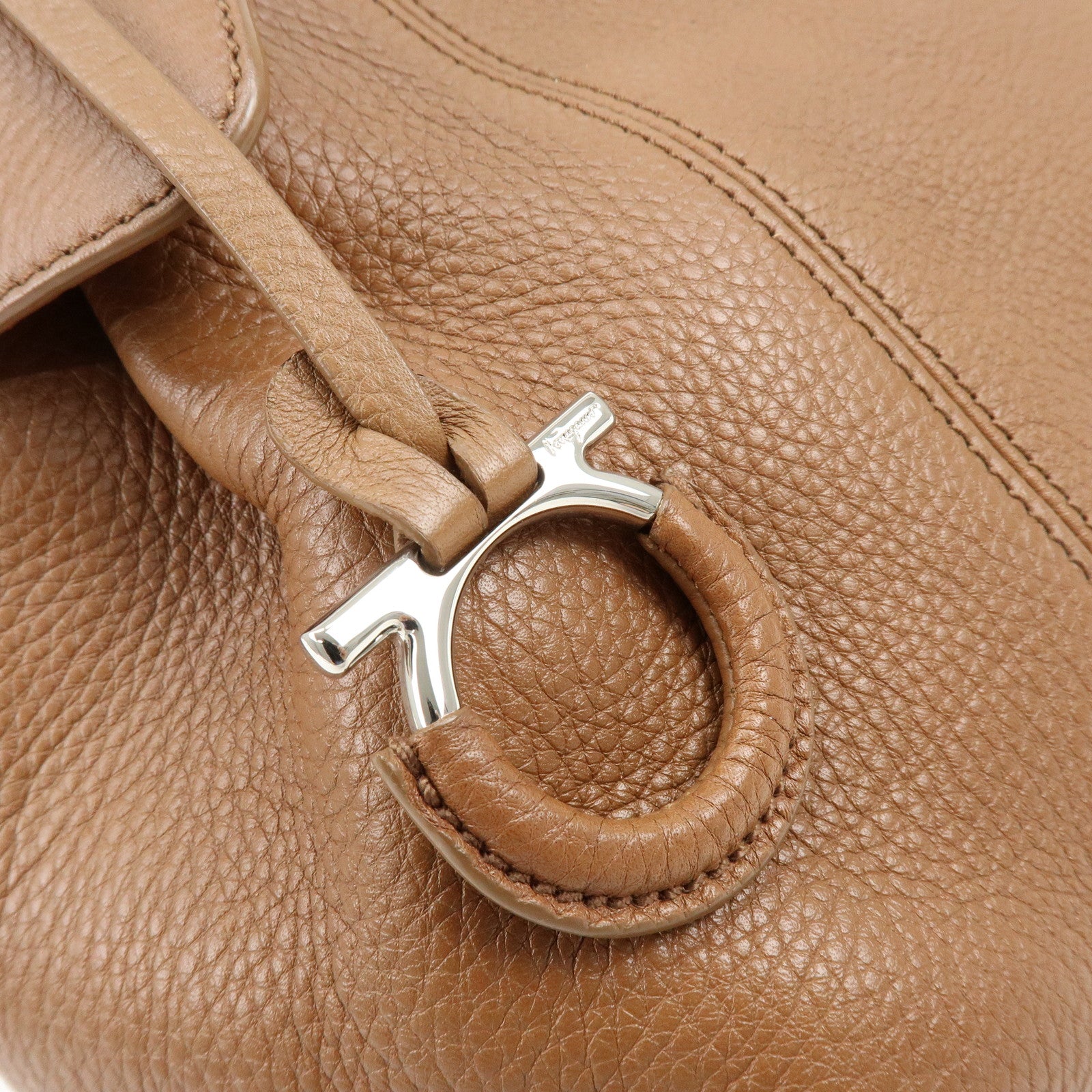 Ferragamo Gancini Leather Shoulder Bag Hand Bag Charm Brown