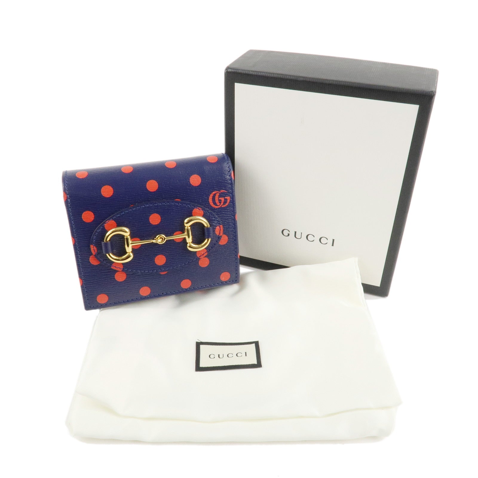 GUCCI Horsebit Dot Pattern Leather Bifold Wallet Navy Red 621891 Used