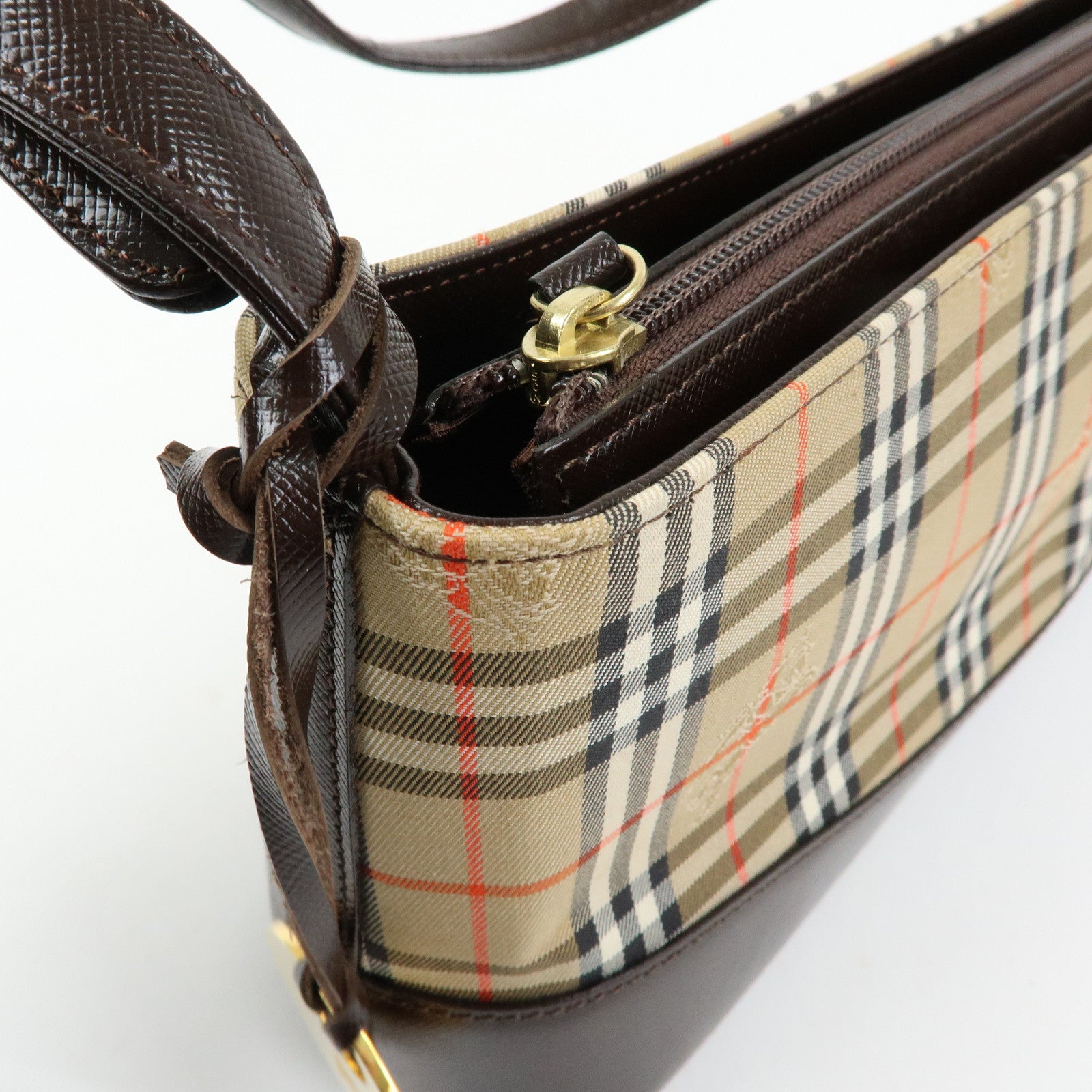 BURBERRY Nova Plaid Canvas Leather Shoulder Bag Beige Brown