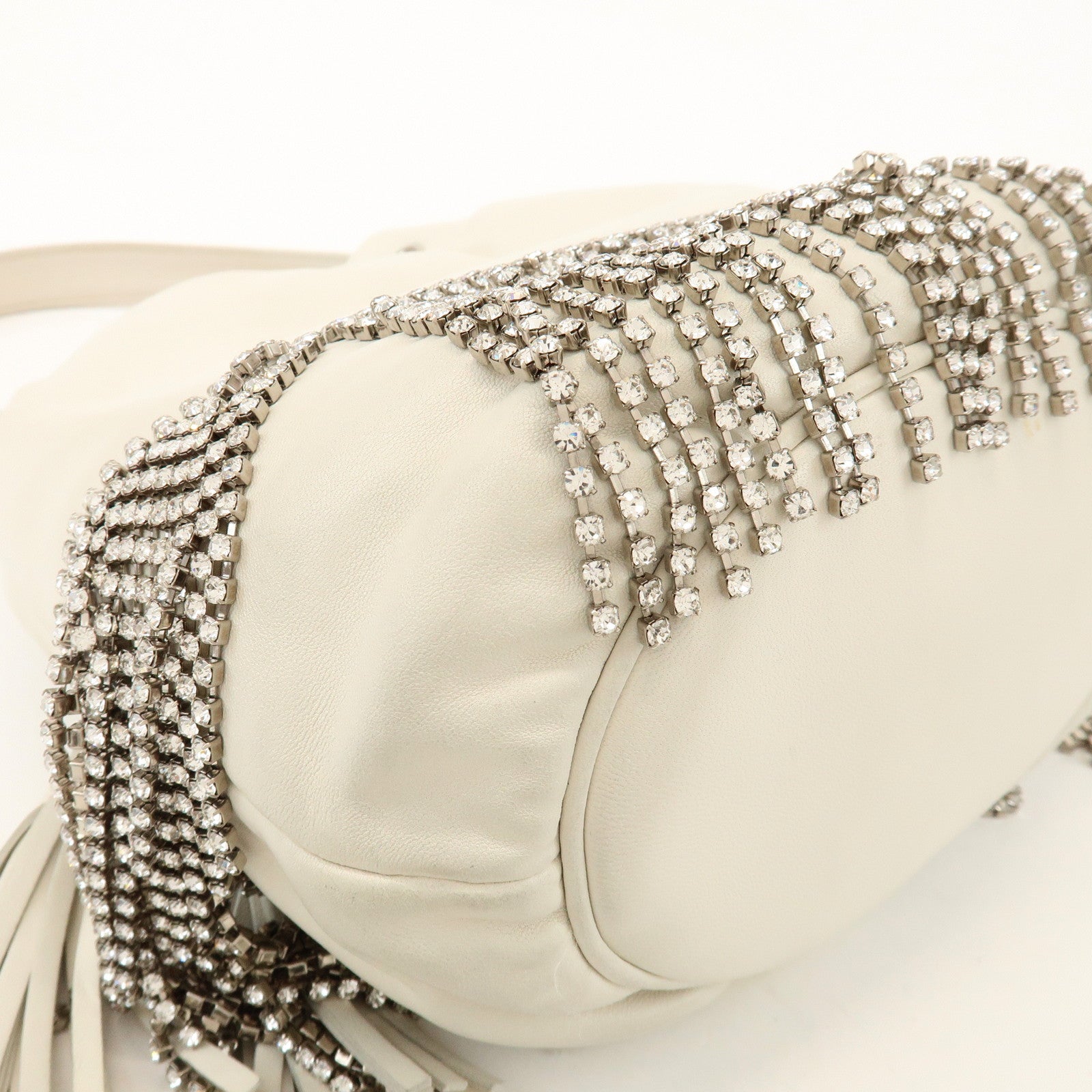 MIU MIU Logo Nappa Leather Strass Fringe 2Way Bag White 5BE014