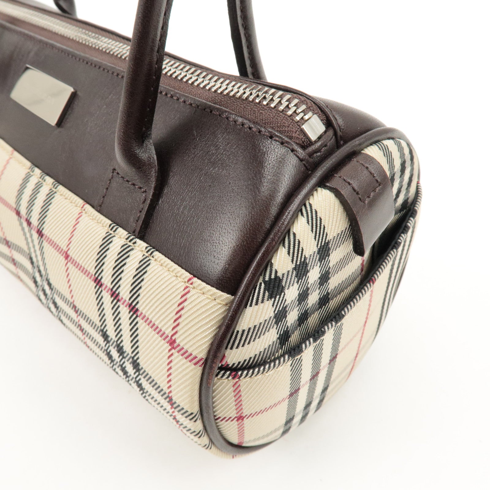 BURBERRY Leather Canvas Hand Bag Nova Plaid Beige Brown Used