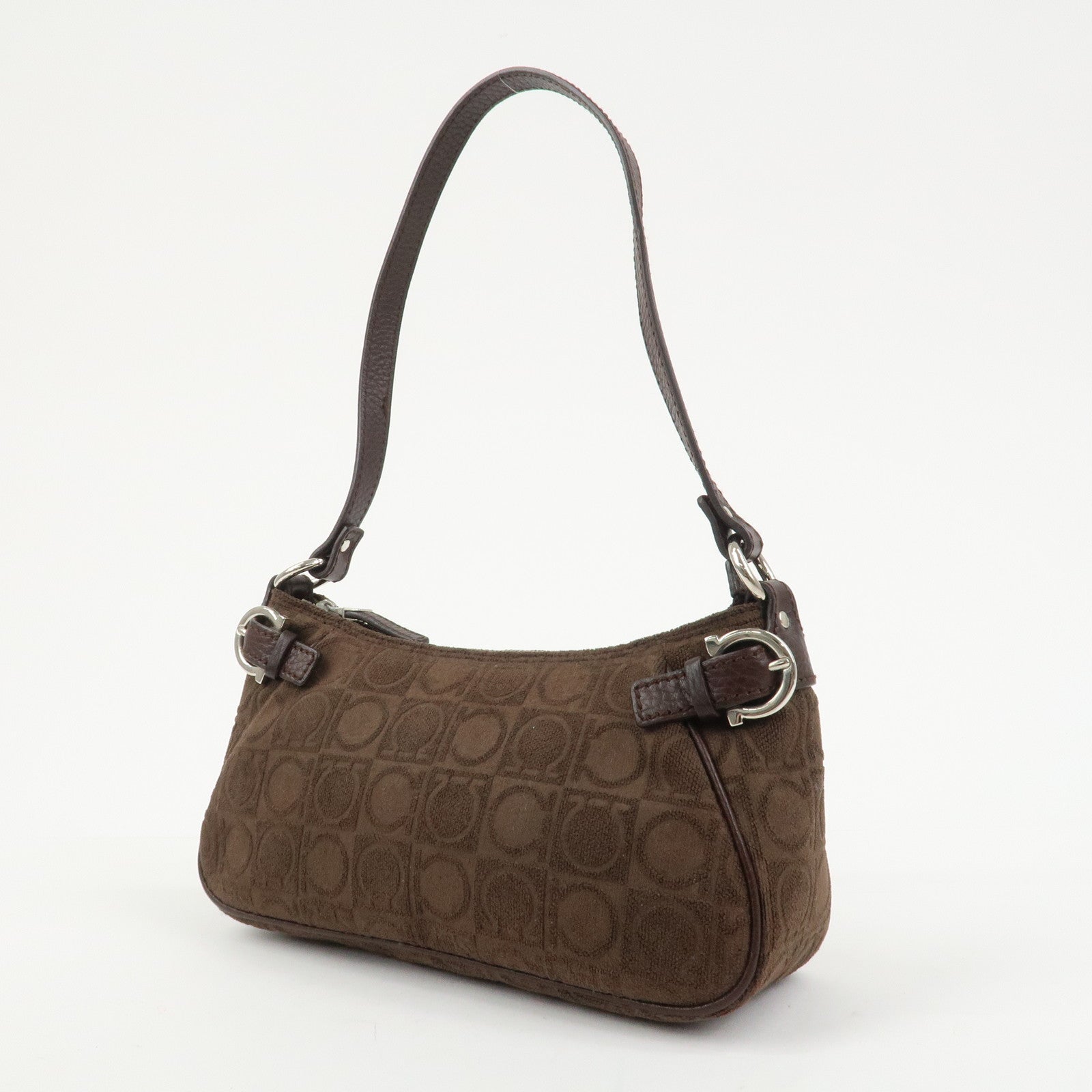 Ferragamo Gancini Polyester Leather Shoulder Bag Hand Bag Brown