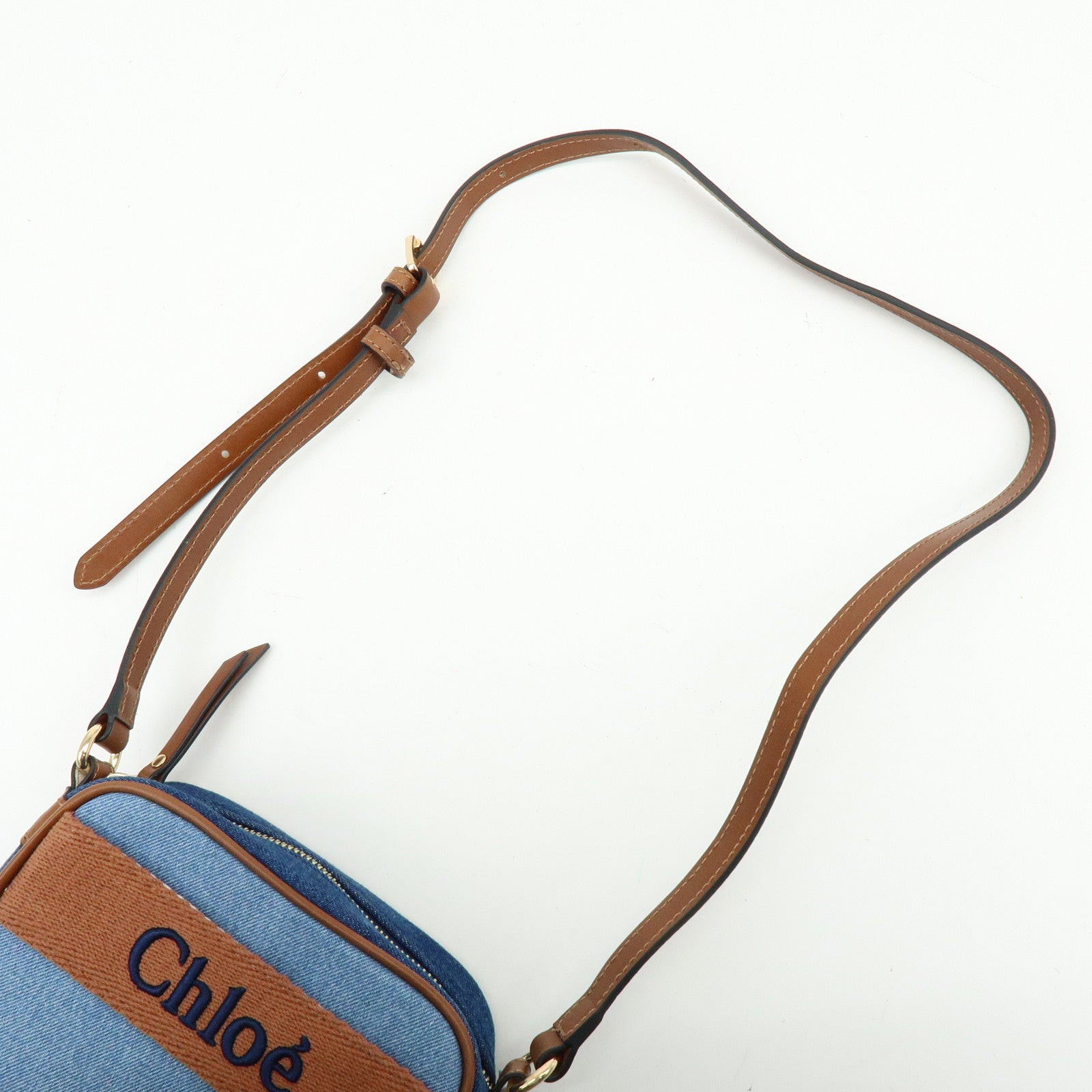 Chloe Denim Leather Canvas Shoulder Bag Crossbody Bag Brown Blue