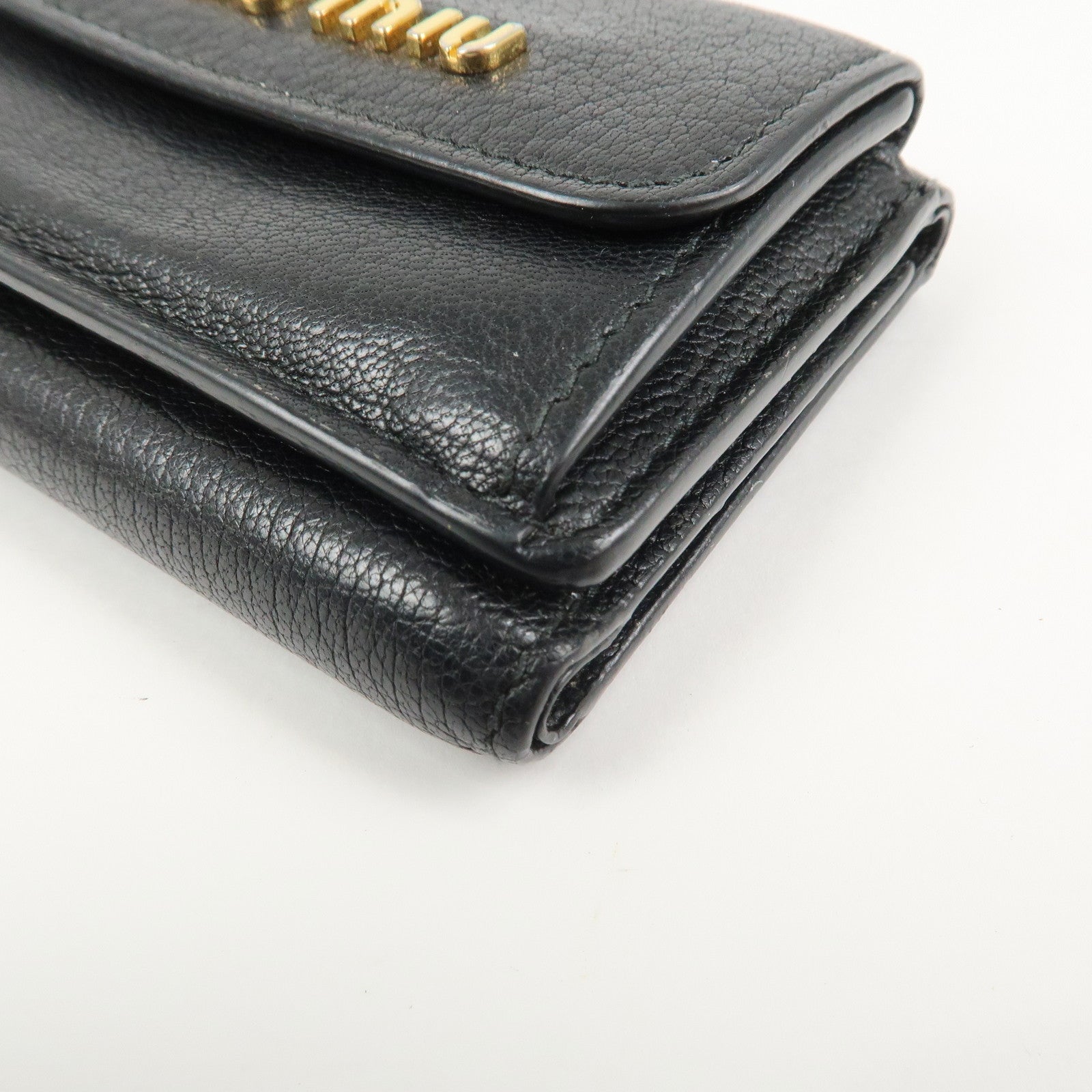 MIU MIU Logo Leather Tri-fold Compact Wallet Black 5MH020