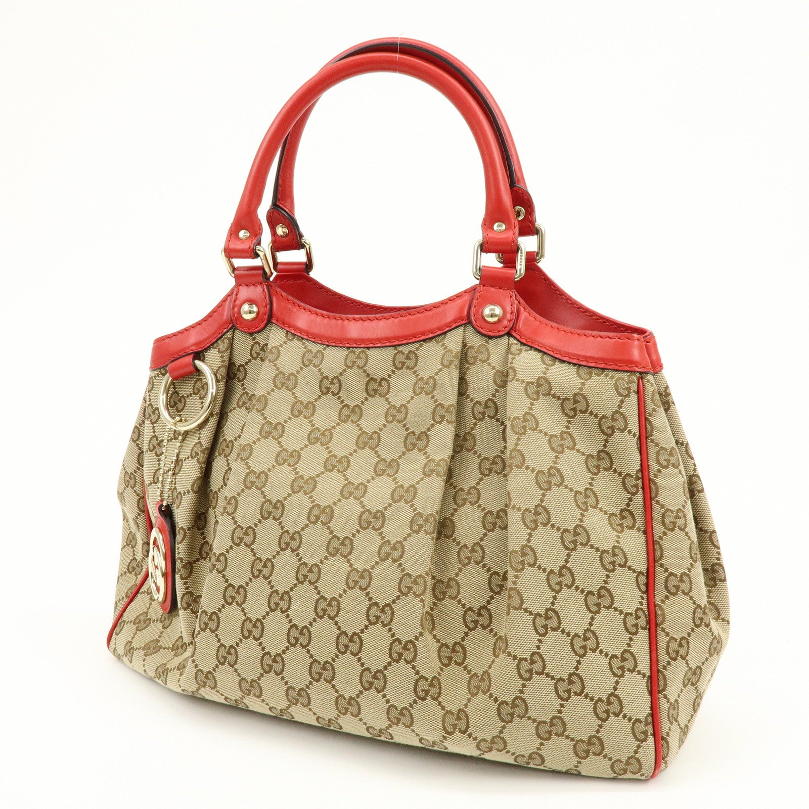 GUCCI Sukey Interlocking G GG Canvas Leather Tote Bag Beige Red