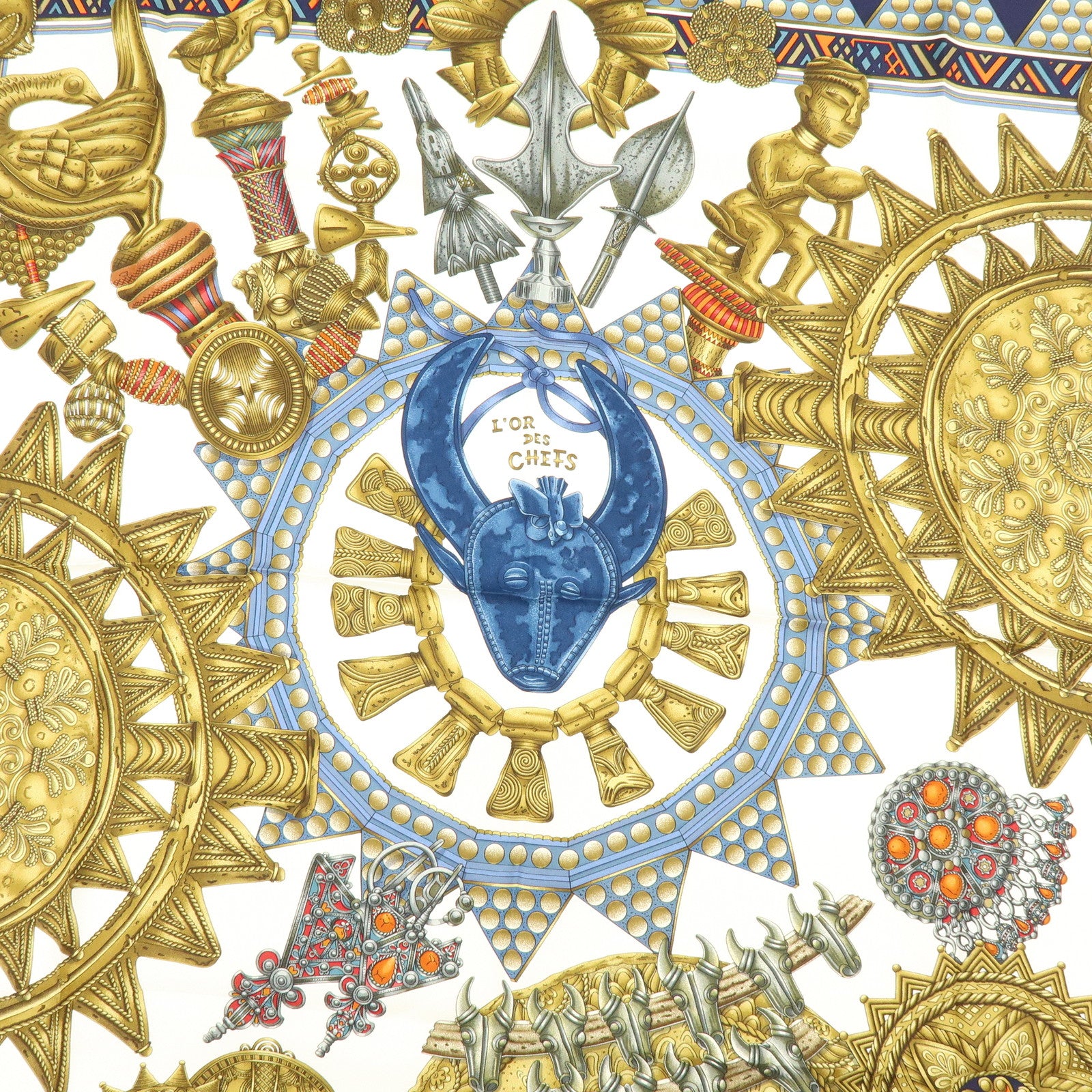 HERMES Carre 90 Silk 100% Scarf L'OR DES CHEFS Gold Navy