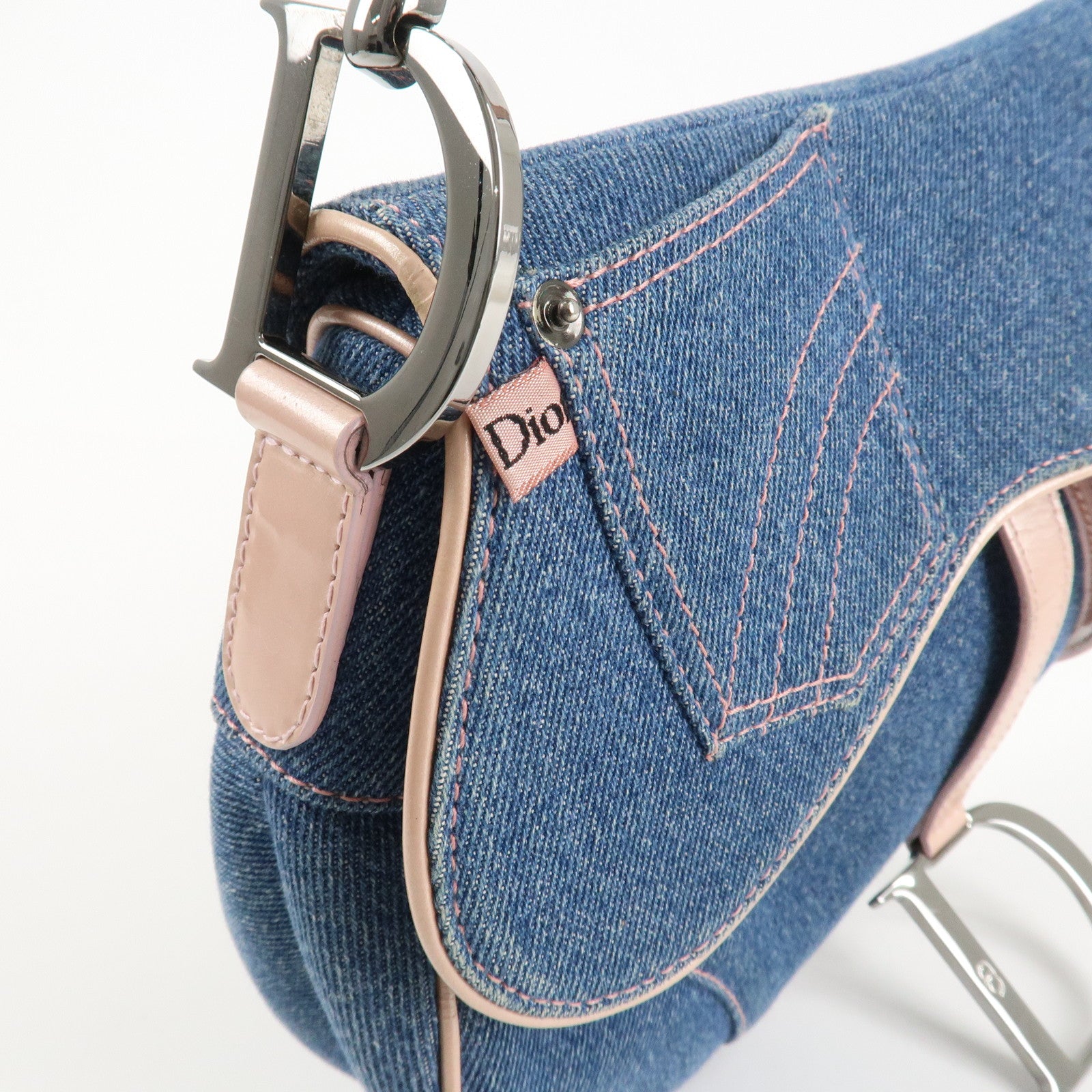 Christian Dior Saddle Bag Denim Patent Leather Shoulder Bag Blue Used