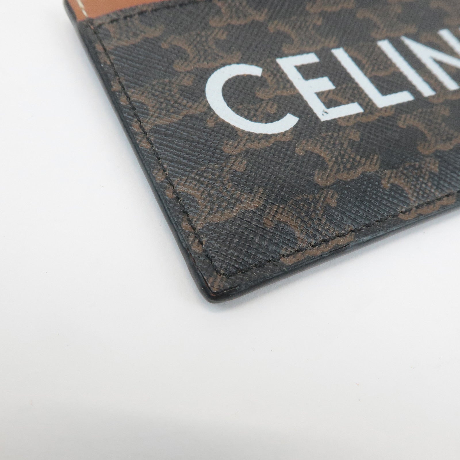 CELINE Leather Canvas Triomphe Card Case Black Brown 10B702CLY