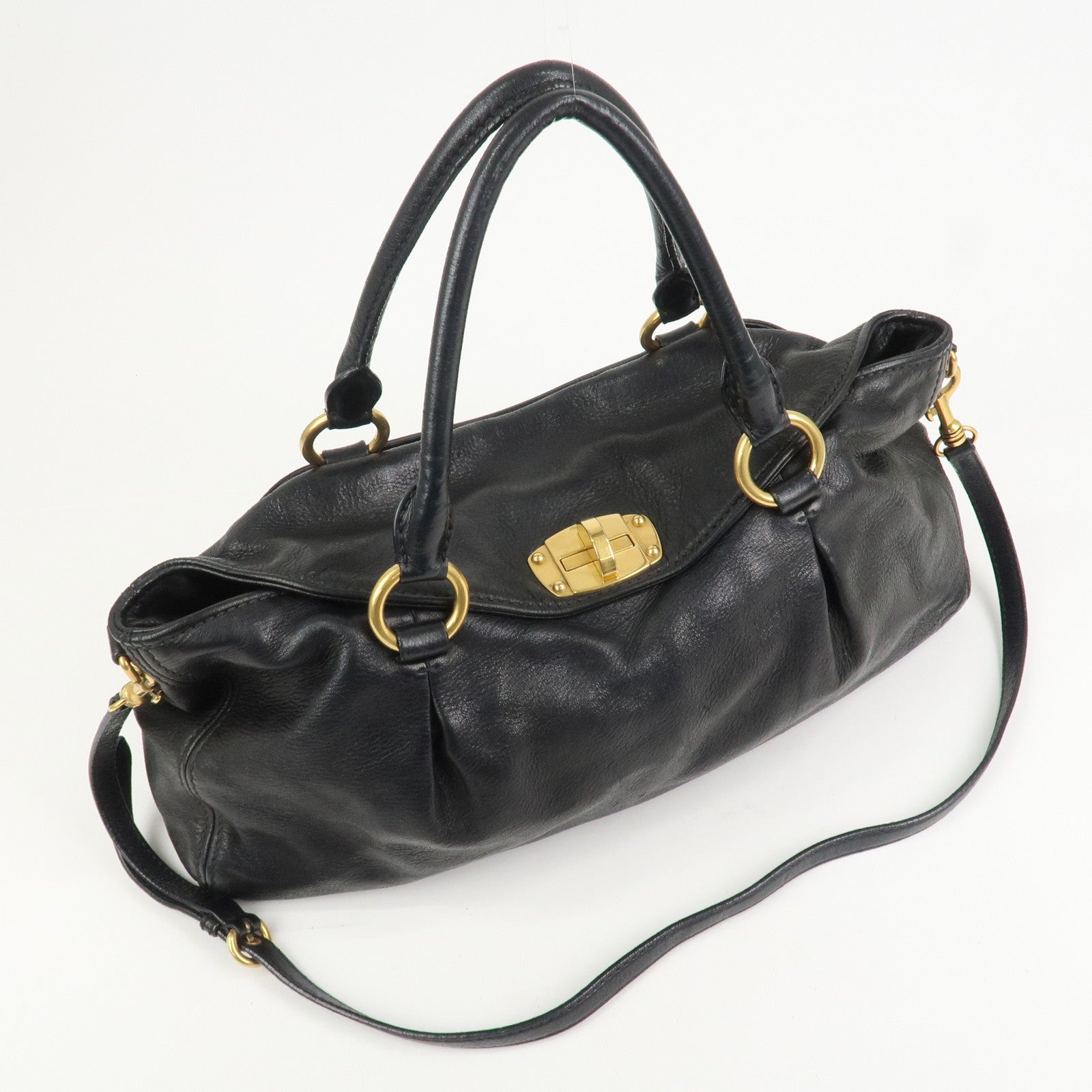 MIU MIU Leather 2 Way Bag Tote Shoulder Crossbody Bag Black Gold
