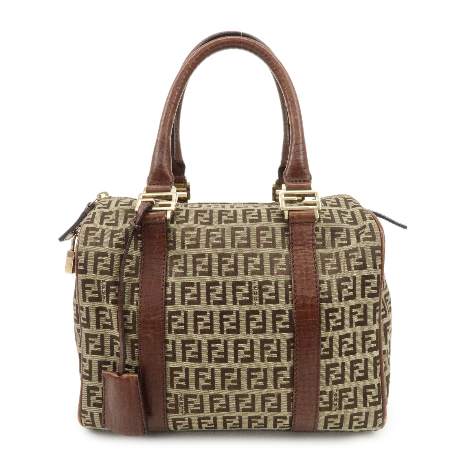 FENDI Zucchino Canvas Leather Boston Bag Brown Beige 8BL068 Used