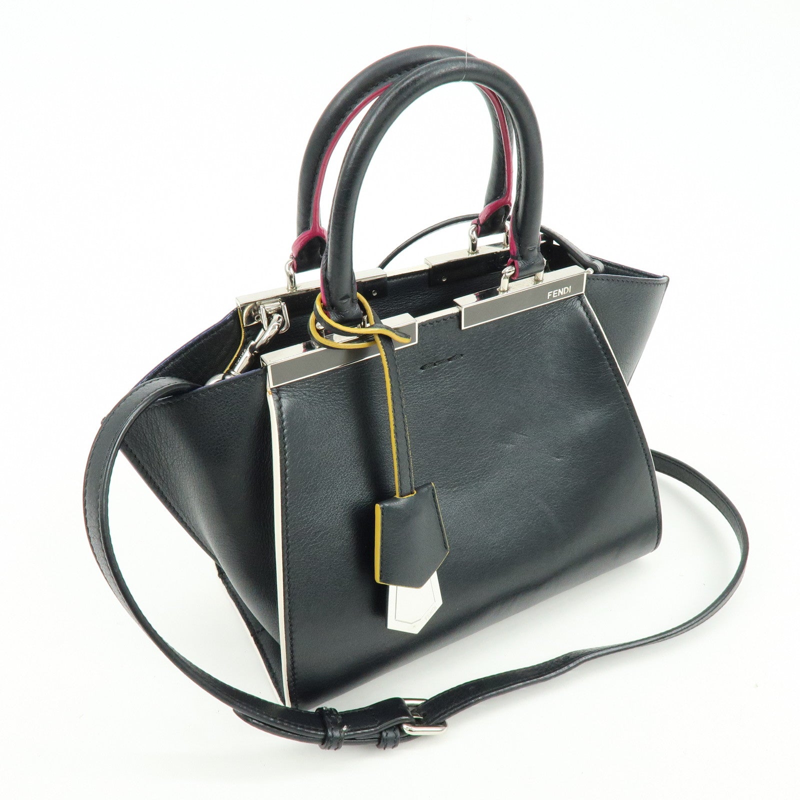 FENDI Trois Jours Leather 2Way Bag Hand Bag Shoulder Bag Black
