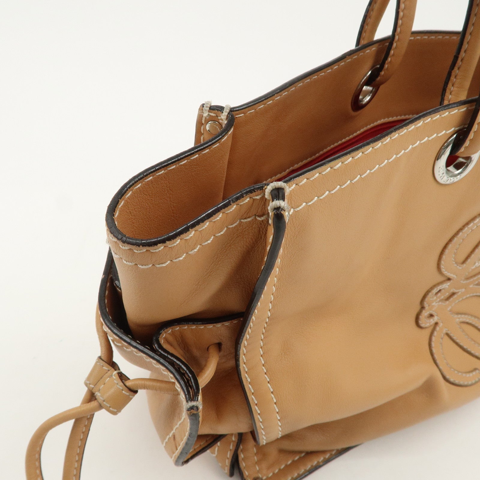 LOEWE Anagram Logo Leather Shopper Tote Bag Shouder Bag Light Brown