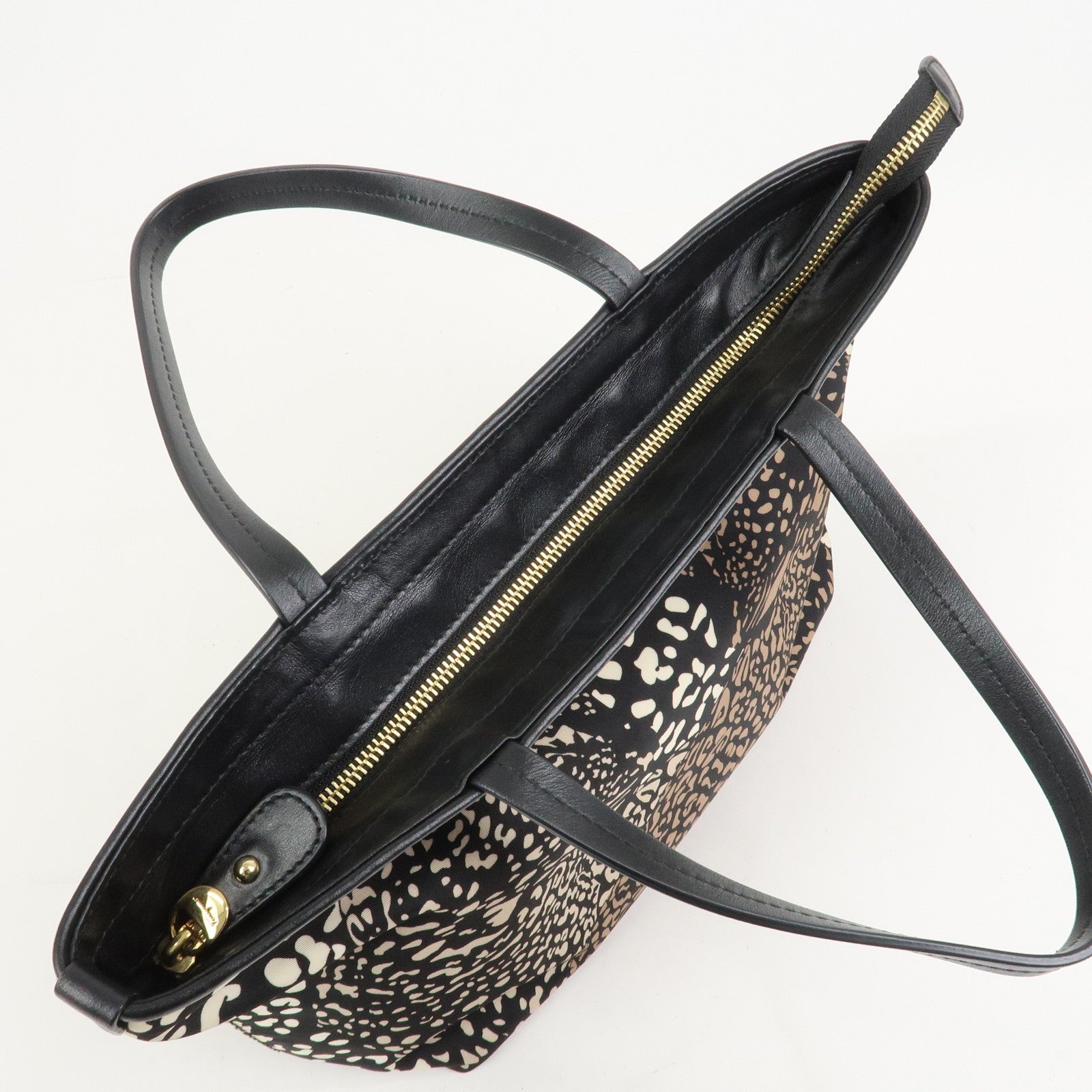 Ferragamo Gancini Nylon Leather Tote Bag Hand Bag Leopard Black